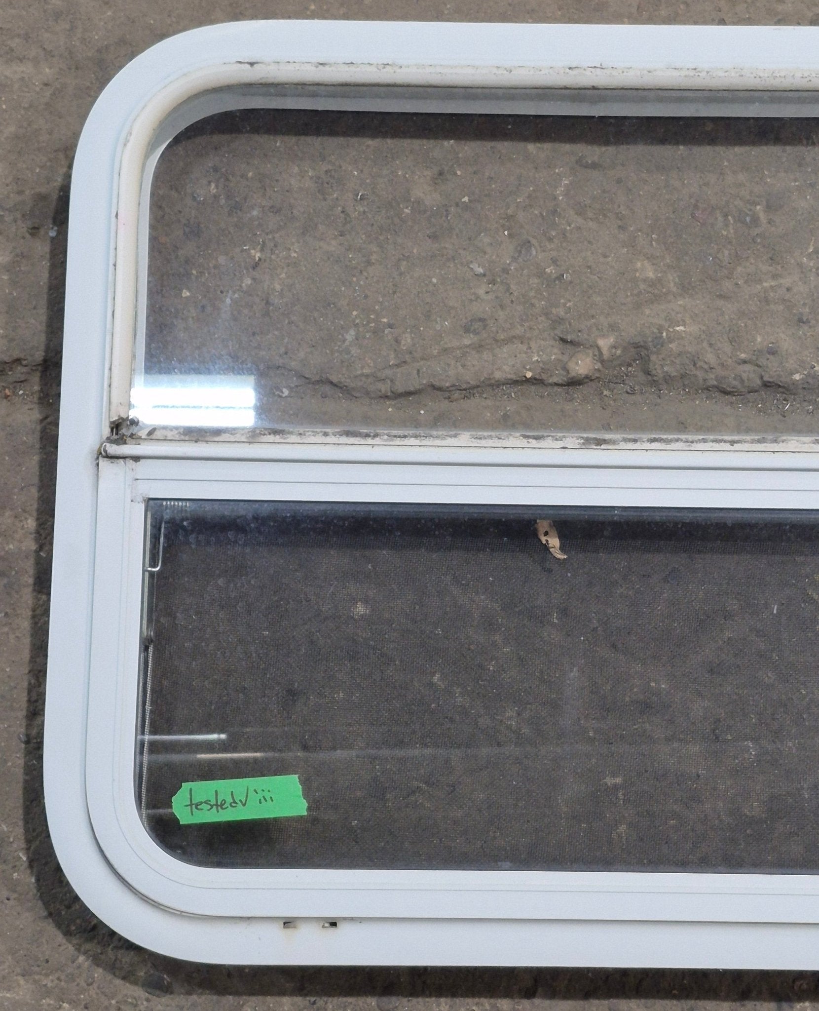 Used White Radius Opening Window : 29 1/4" W x 21 1/4" H x 1 3/4" D - Young Farts RV Parts