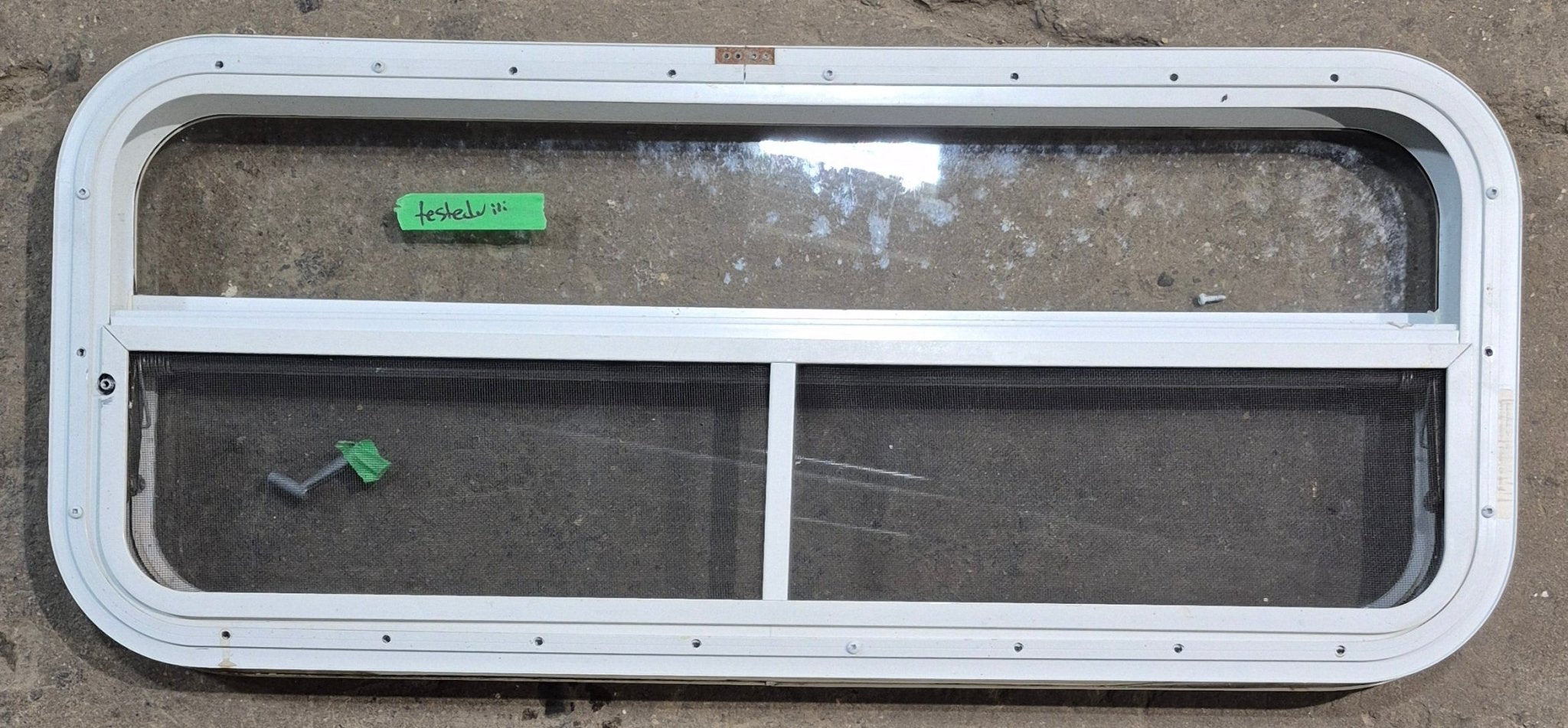 Used White Radius Opening Window : 35 1/2" W x 14 1/2" H x 1 1/2" D - Young Farts RV Parts