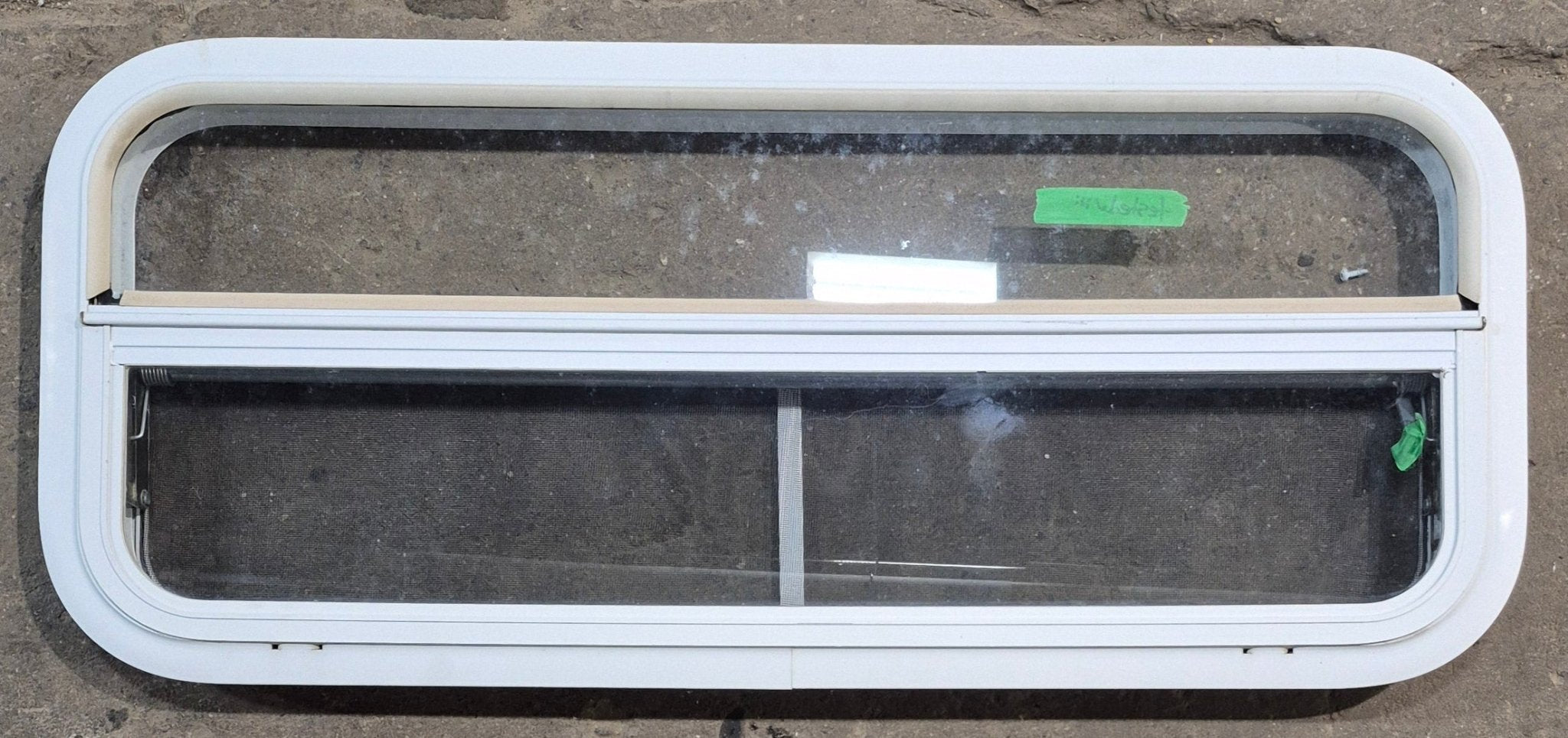 Used White Radius Opening Window : 35 1/2" W x 14 1/2" H x 1 1/2" D - Young Farts RV Parts