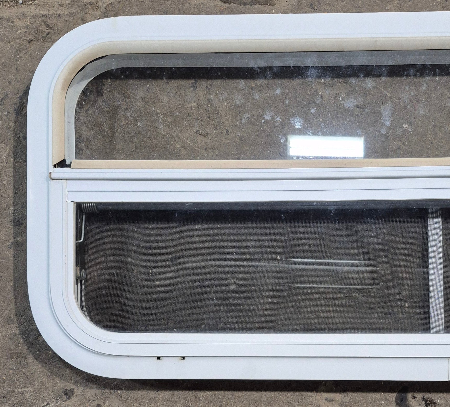 Used White Radius Opening Window : 35 1/2" W x 14 1/2" H x 1 1/2" D - Young Farts RV Parts