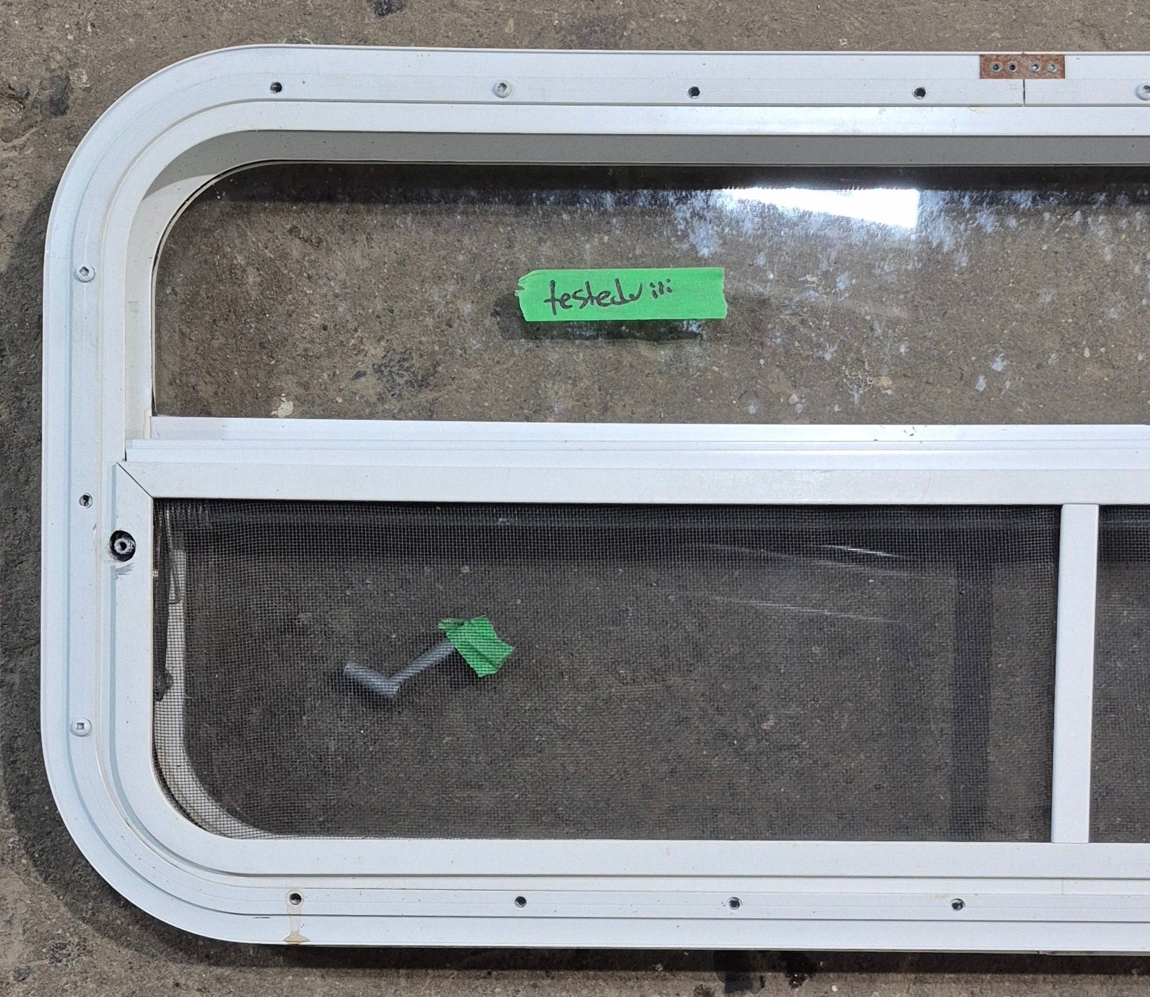 Used White Radius Opening Window : 35 1/2" W x 14 1/2" H x 1 1/2" D - Young Farts RV Parts
