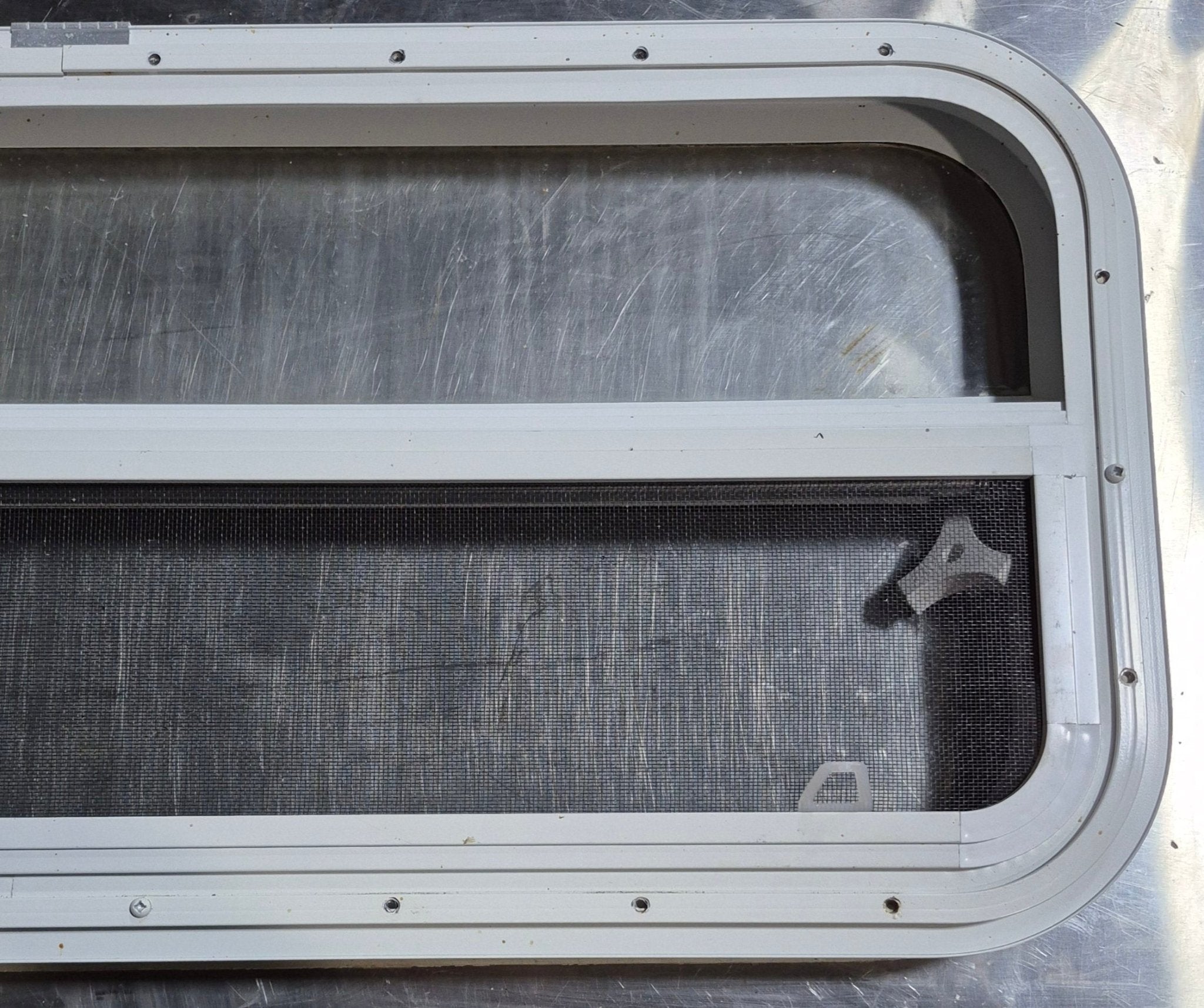 Used White Radius Opening Window : 35 1/2" W x 14 1/4" H x 1 1/4" D - Young Farts RV Parts