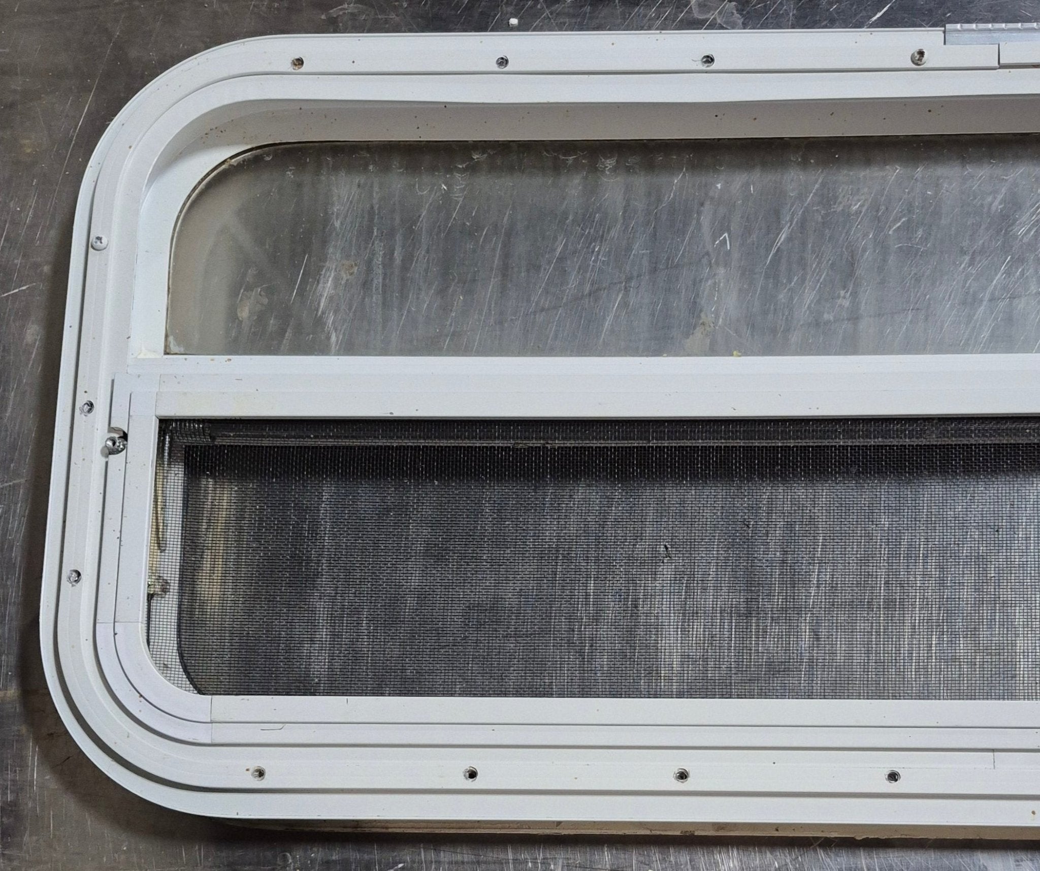 Used White Radius Opening Window : 35 1/2" W x 14 1/4" H x 1 1/4" D - Young Farts RV Parts
