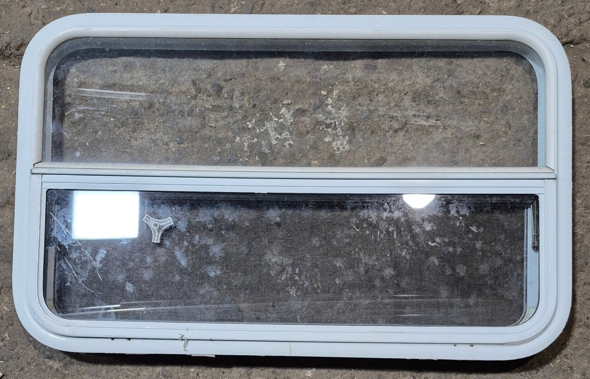 Used White Radius Opening Window : 35 1/2" W x 21 1/4" H x 1 1/8" D - Young Farts RV Parts