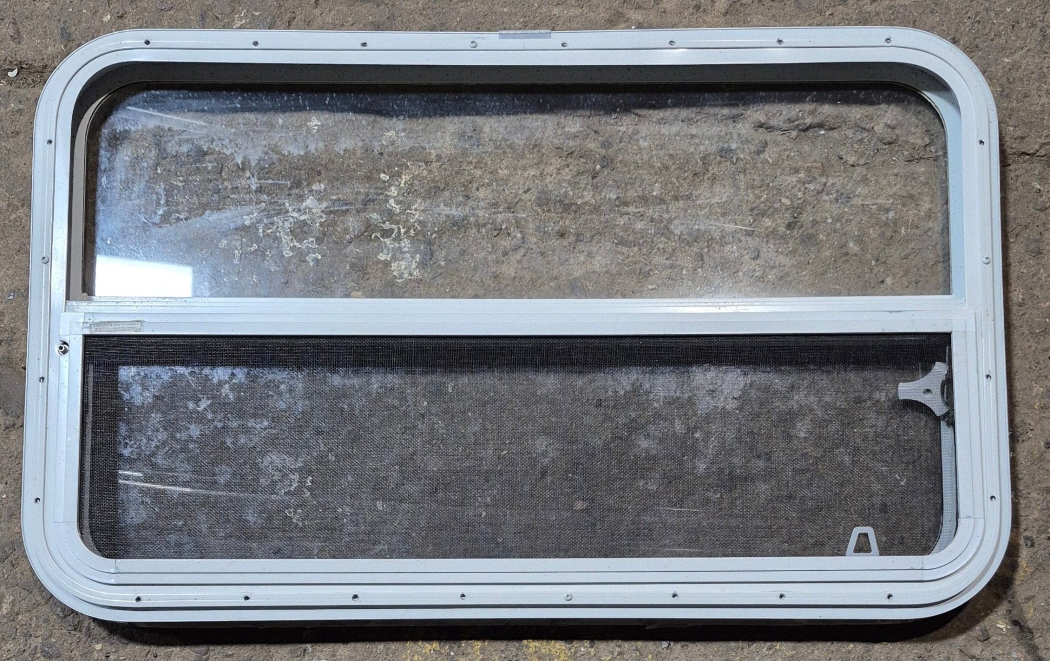 Used White Radius Opening Window : 35 1/2" W x 21 1/4" H x 1 1/8" D - Young Farts RV Parts