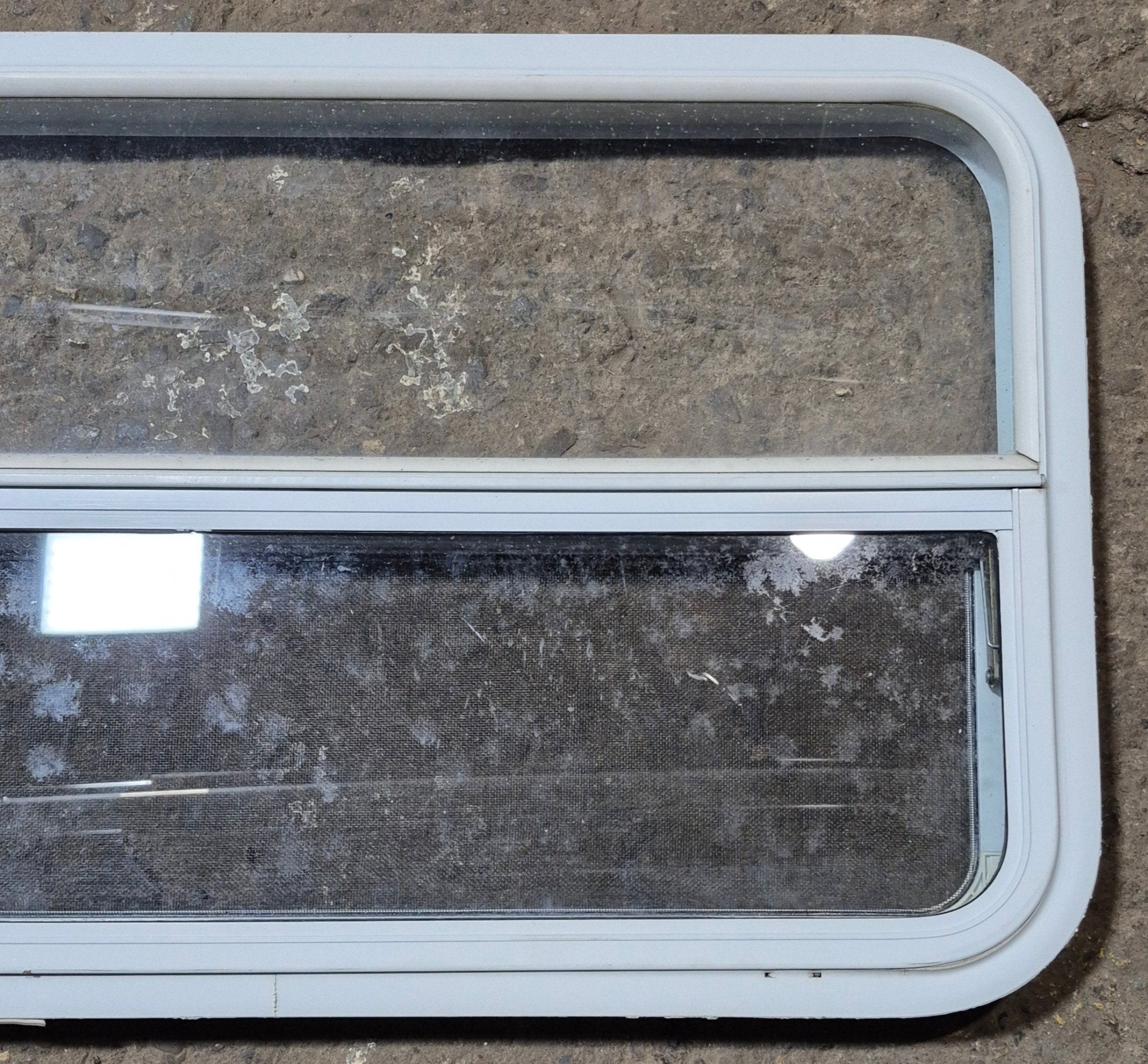 Used White Radius Opening Window : 35 1/2" W x 21 1/4" H x 1 1/8" D - Young Farts RV Parts