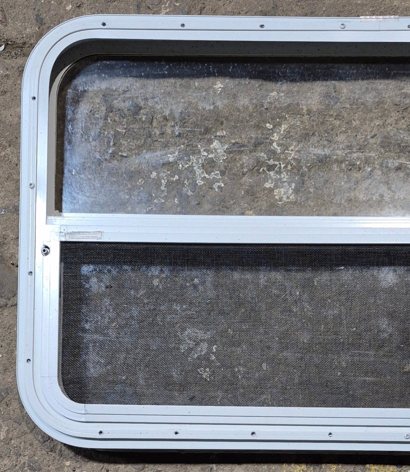 Used White Radius Opening Window : 35 1/2" W x 21 1/4" H x 1 1/8" D - Young Farts RV Parts