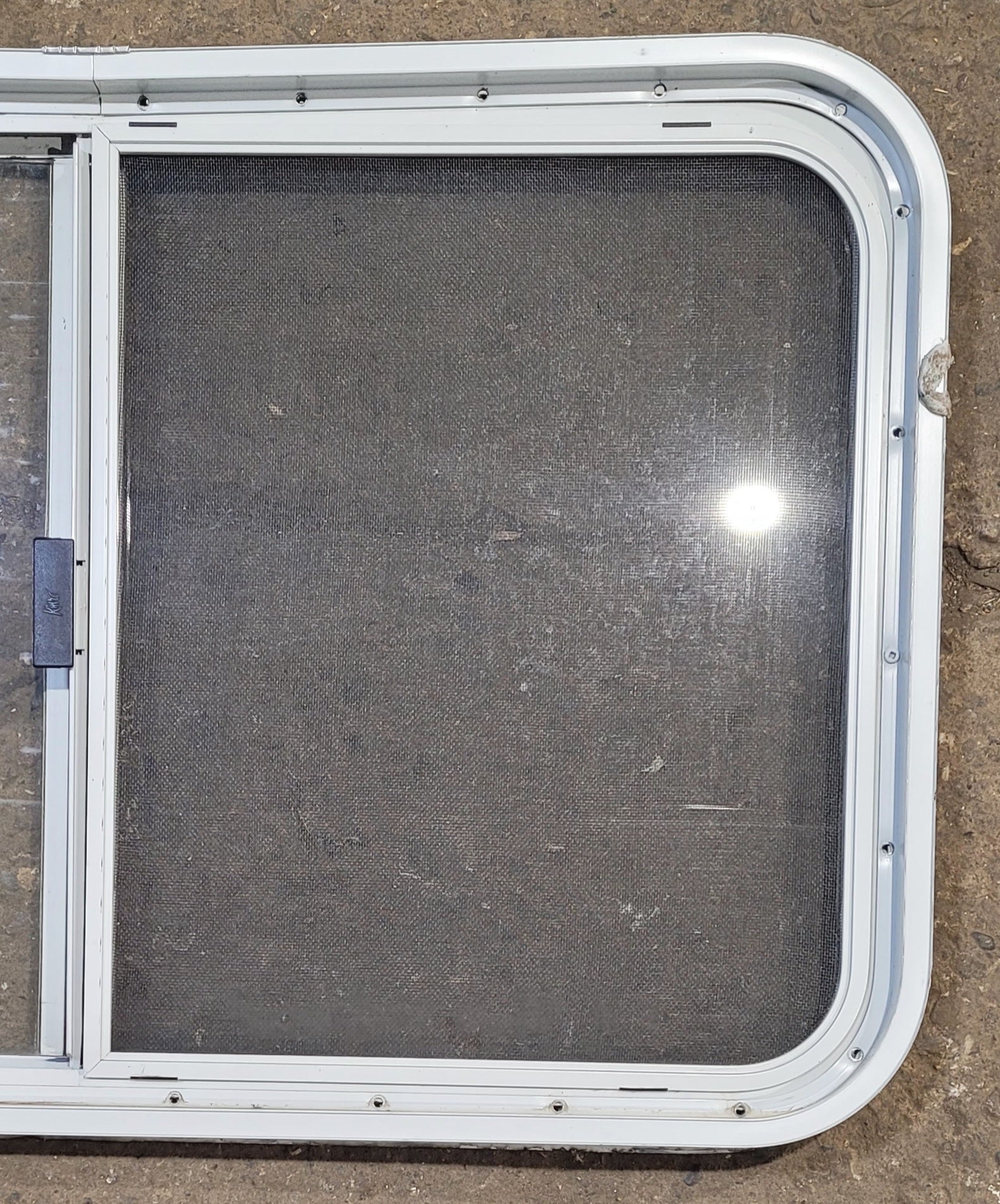 Used White Radius Opening Window : 35 1/2" W x 21 1/4" H x 1 7/8" D - Young Farts RV Parts