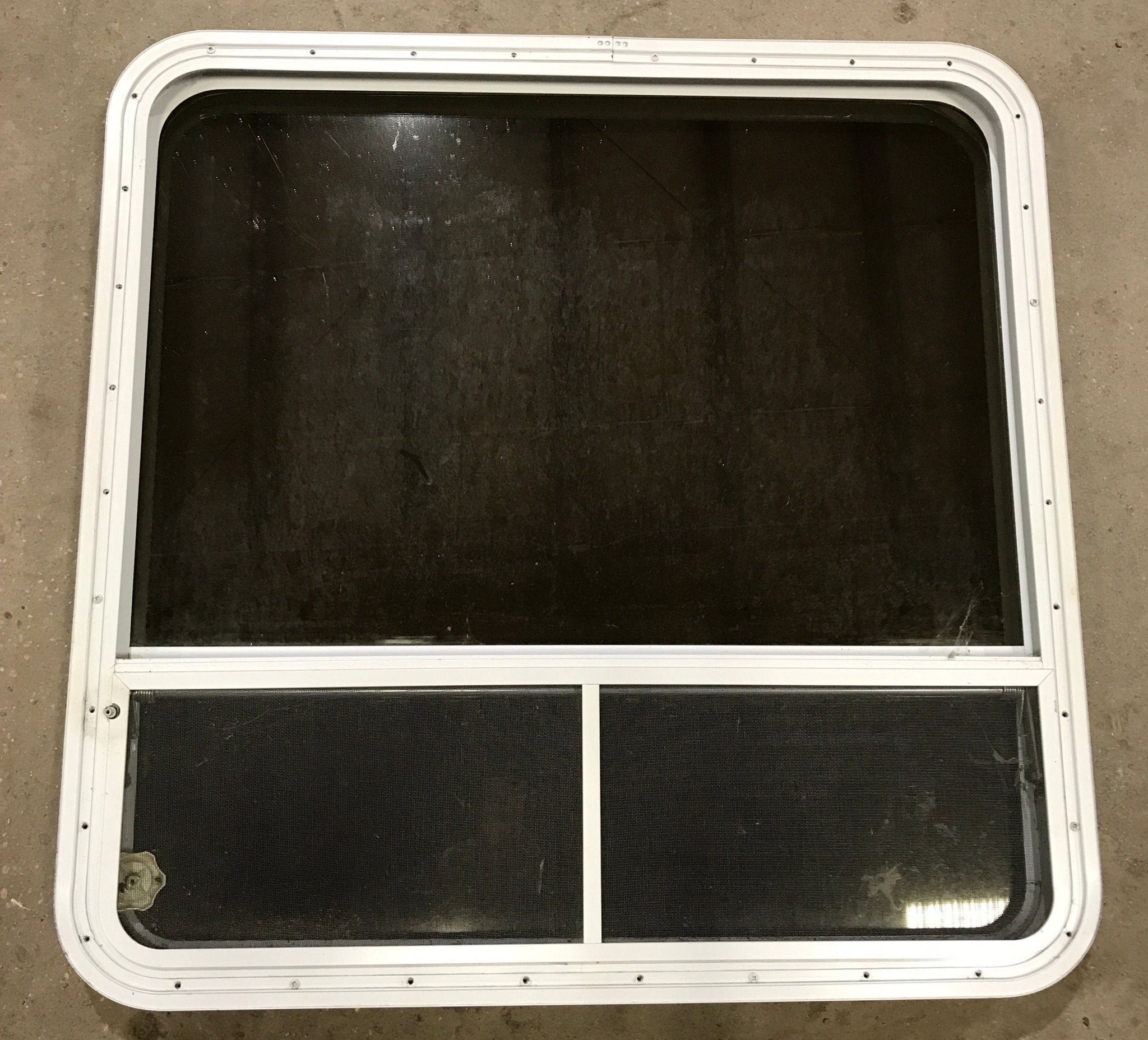 Used White Radius Opening Window : 35 1/2" W x 35 1/2" H x 1 7/8" D - Young Farts RV Parts