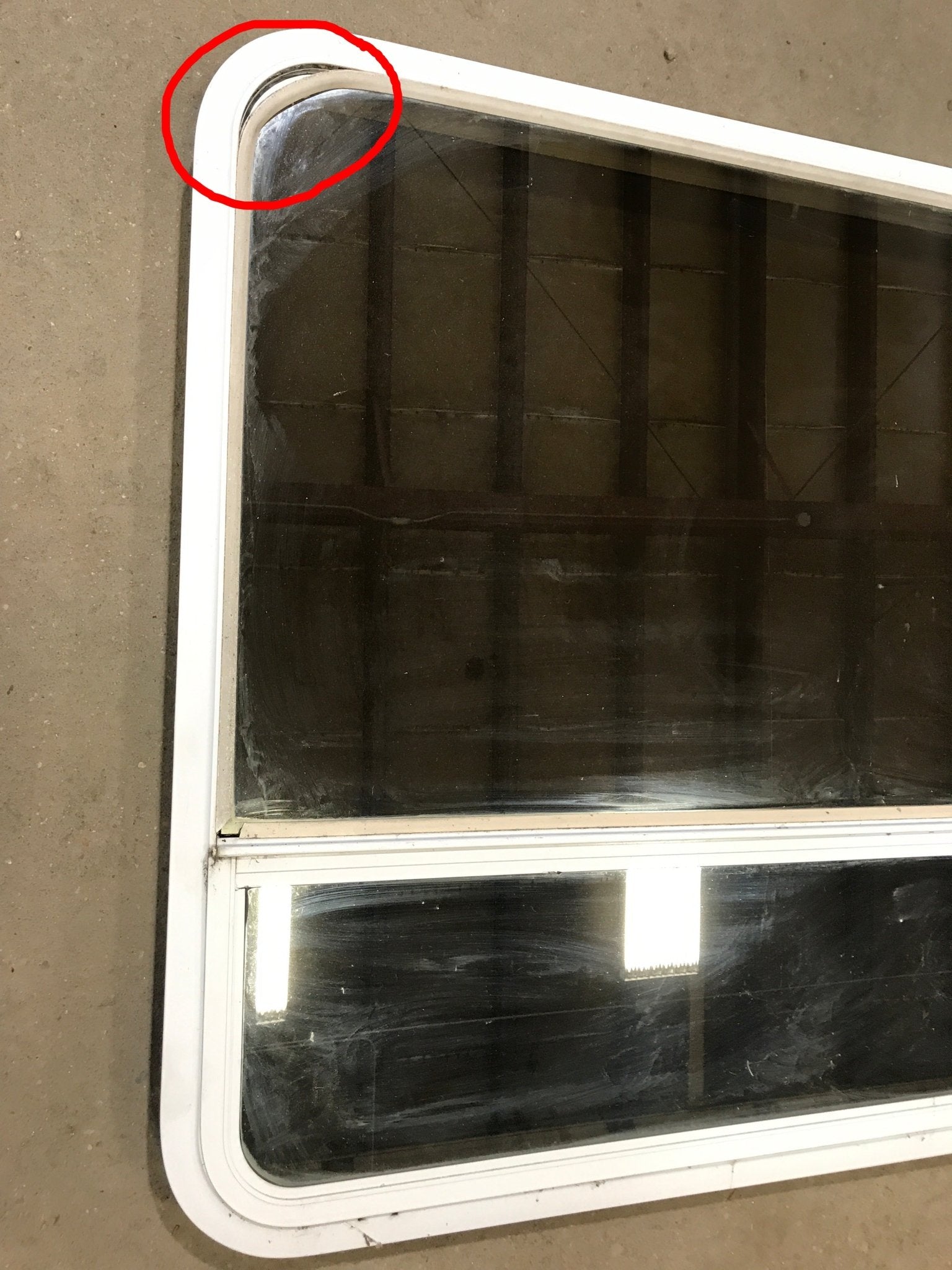 Used White Radius Opening Window : 35 1/2" W x 35 1/2" H x 1 7/8" D - Young Farts RV Parts