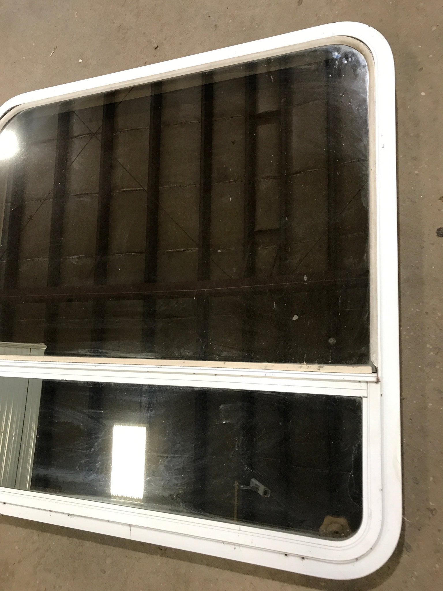 Used White Radius Opening Window : 35 1/2" W x 35 1/2" H x 1 7/8" D - Young Farts RV Parts