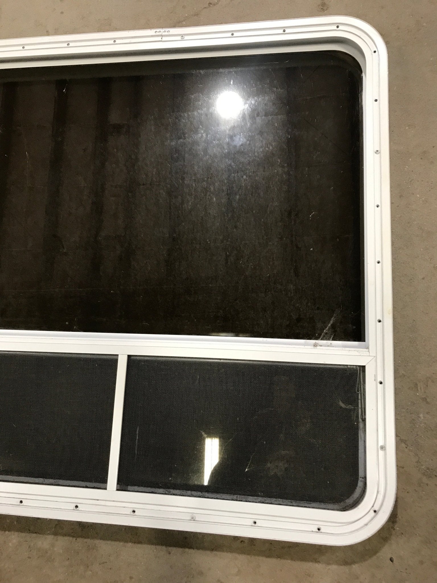 Used White Radius Opening Window : 35 1/2" W x 35 1/2" H x 1 7/8" D - Young Farts RV Parts