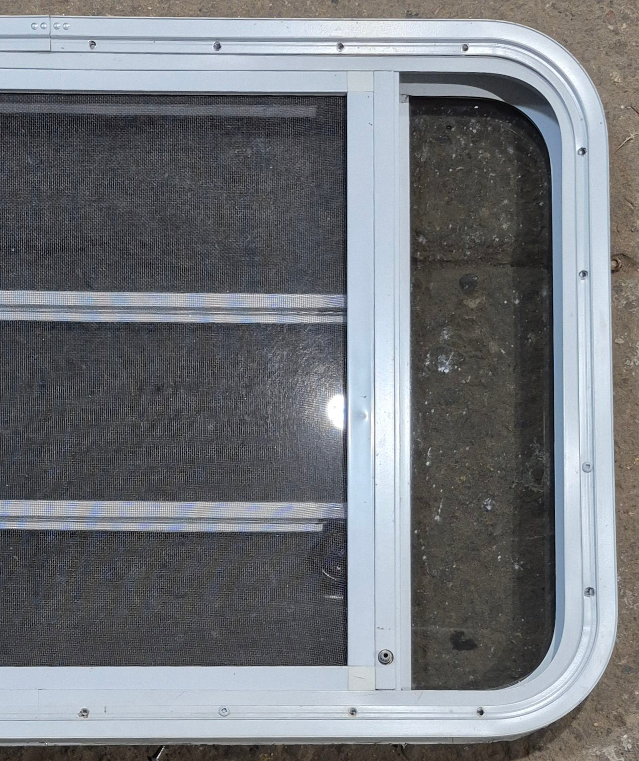 Used White Radius Opening Window : 35 1/4" W x 21 1/4" H x 1 7/8" D - Young Farts RV Parts
