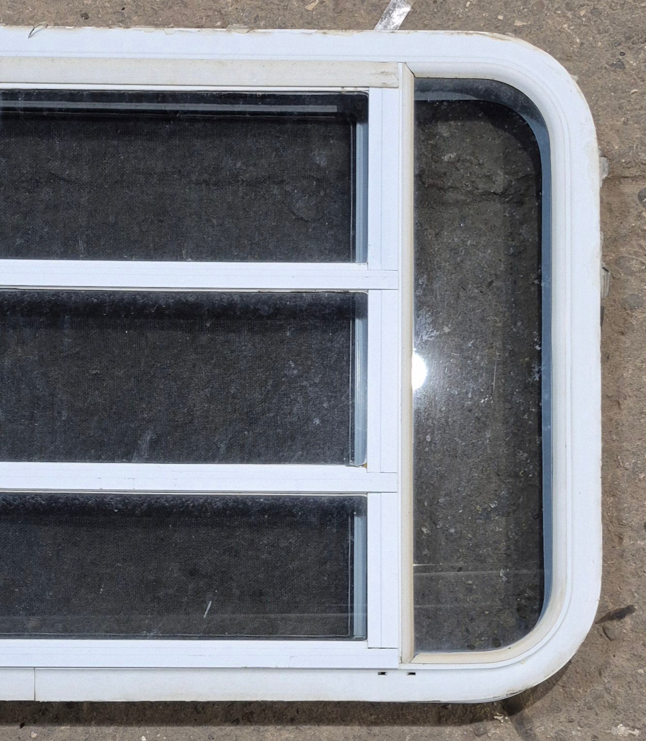 Used White Radius Opening Window : 35 1/4" W x 21 1/4" H x 1 7/8" D - Young Farts RV Parts