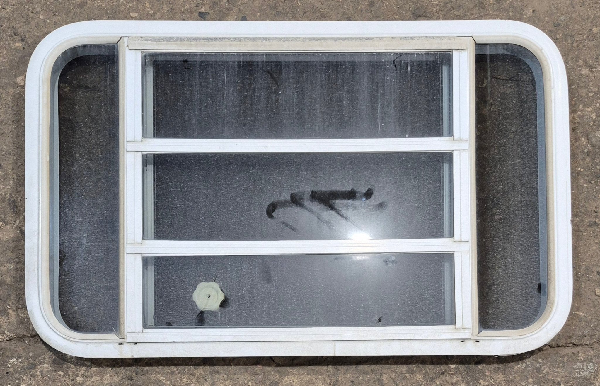 Used White Radius Opening Window : 35 1/4" W x 21 1/4" H x 1 7/8" D - Young Farts RV Parts