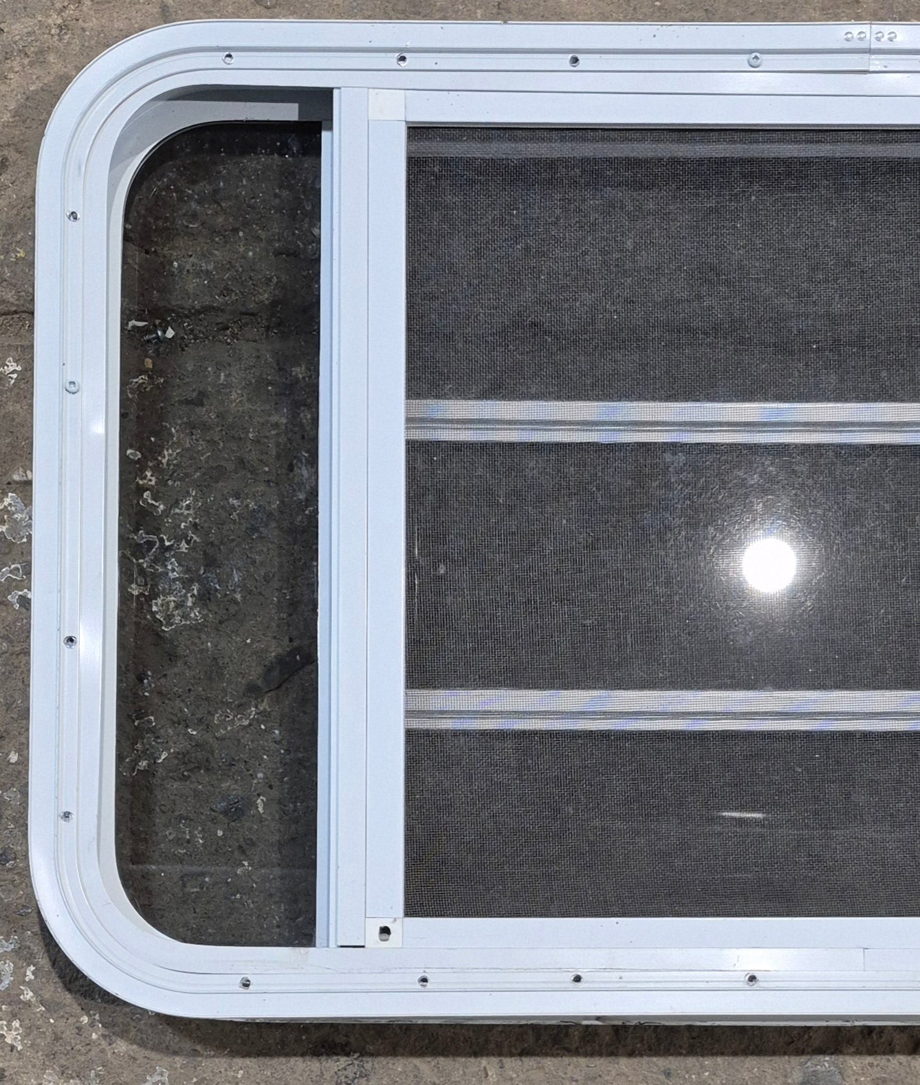 Used White Radius Opening Window : 35 1/4" W x 21 1/4" H x 1 7/8" D - Young Farts RV Parts
