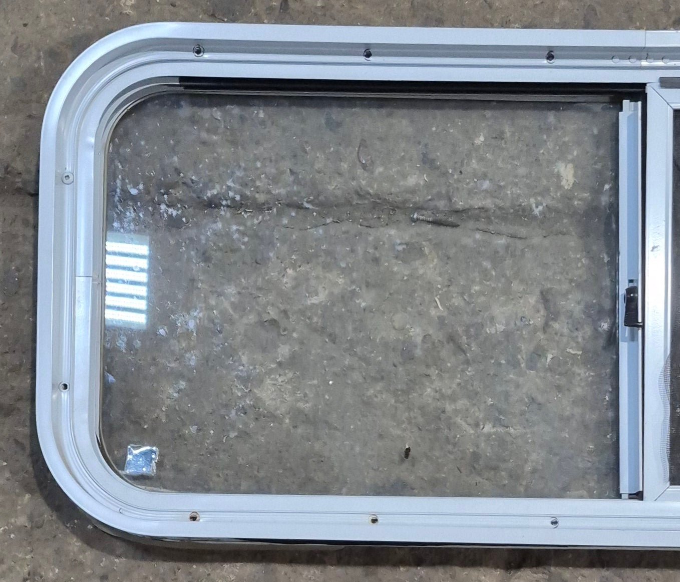 Used White Radius Opening Window : 36 1/4" W x 14 3/4" H x 1 3/4" D - Young Farts RV Parts