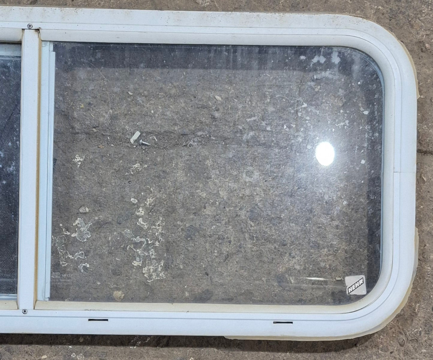 Used White Radius Opening Window : 36 1/4" W x 14 3/4" H x 1 3/4" D - Young Farts RV Parts