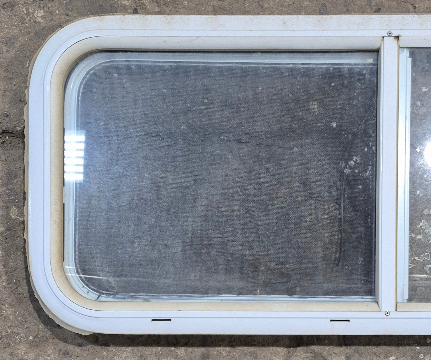 Used White Radius Opening Window : 36 1/4" W x 14 3/4" H x 1 3/4" D - Young Farts RV Parts