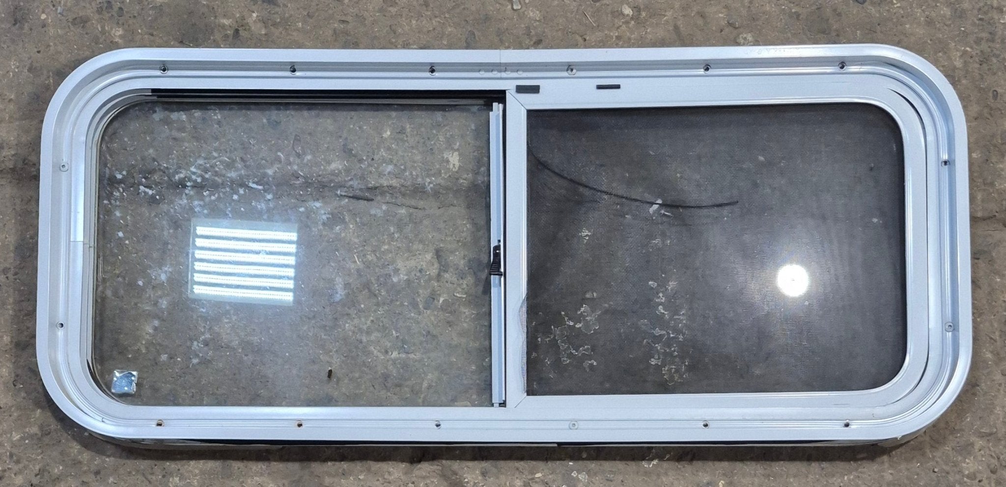 Used White Radius Opening Window : 36 1/4" W x 14 3/4" H x 1 3/4" D - Young Farts RV Parts