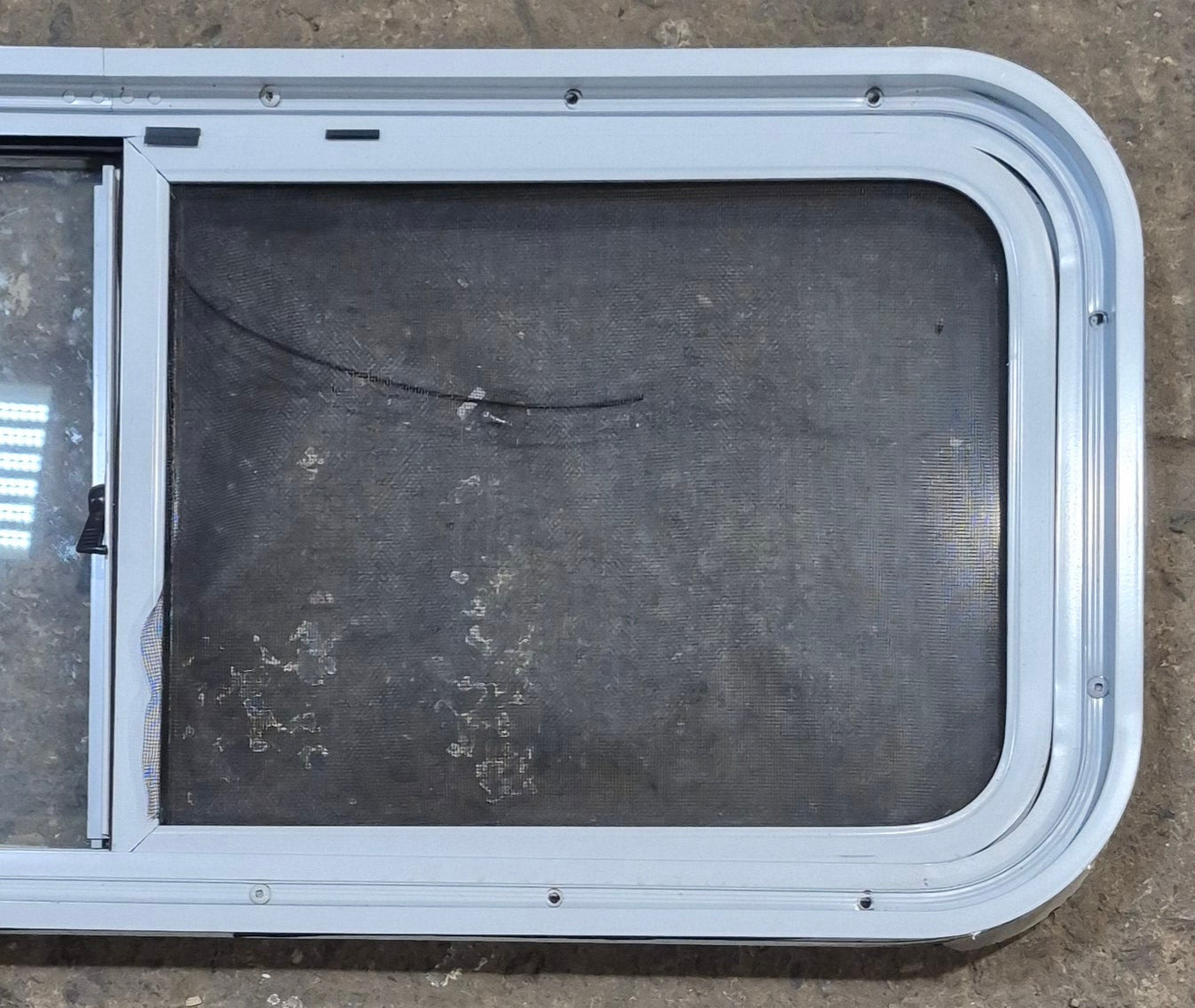 Used White Radius Opening Window : 36 1/4" W x 14 3/4" H x 1 3/4" D - Young Farts RV Parts