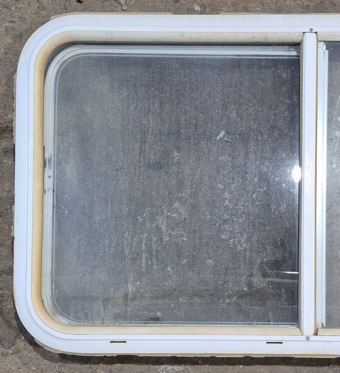 Used White Radius Opening Window : 36 1/4" W x 19 3/4" H x 1 3/4" D - Young Farts RV Parts