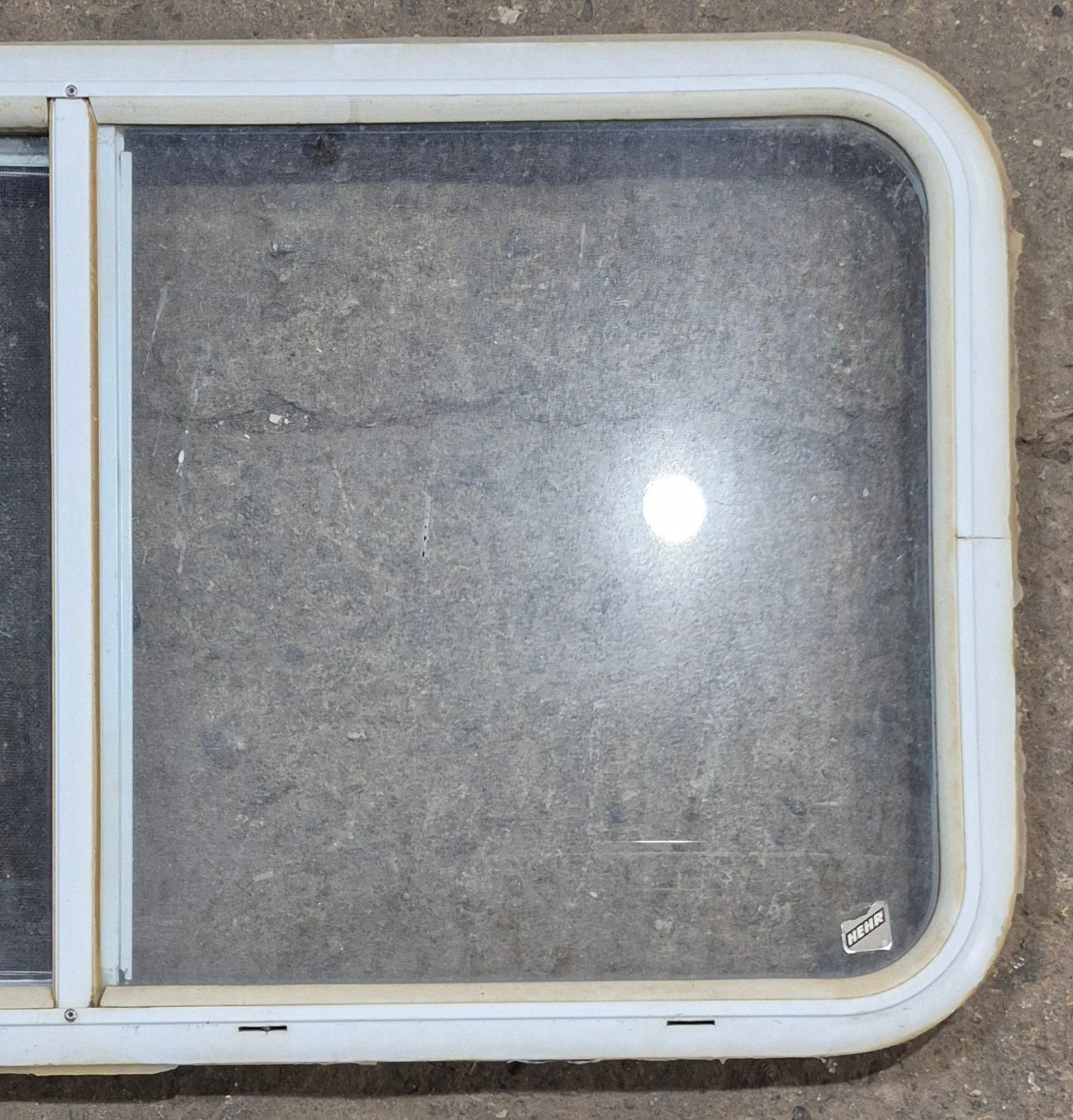 Used White Radius Opening Window : 36 1/4" W x 19 3/4" H x 1 3/4" D - Young Farts RV Parts