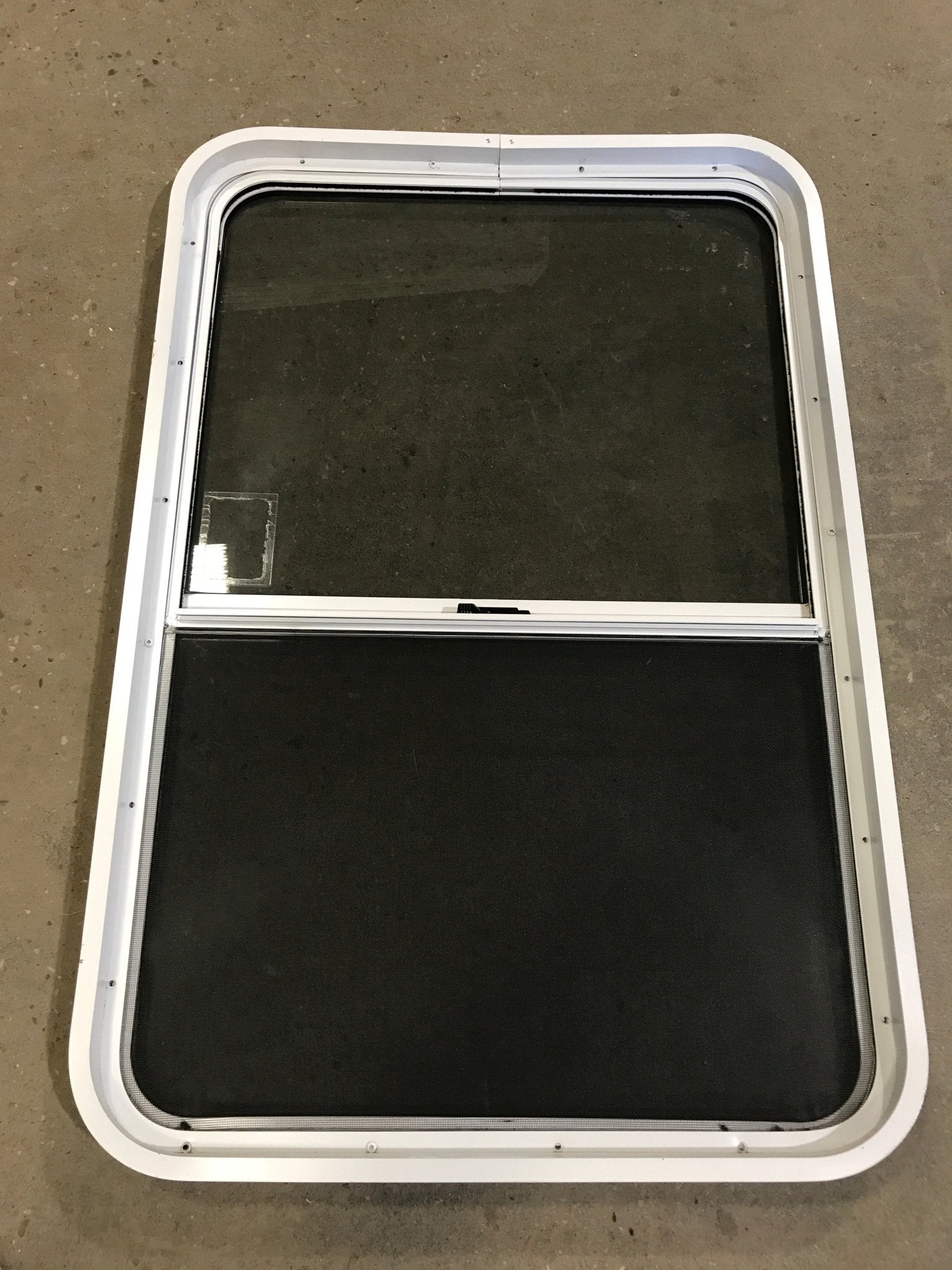 Used White Radius Opening Window : 39 1/2" W x 26 1/4" H x 2" D - Young Farts RV Parts
