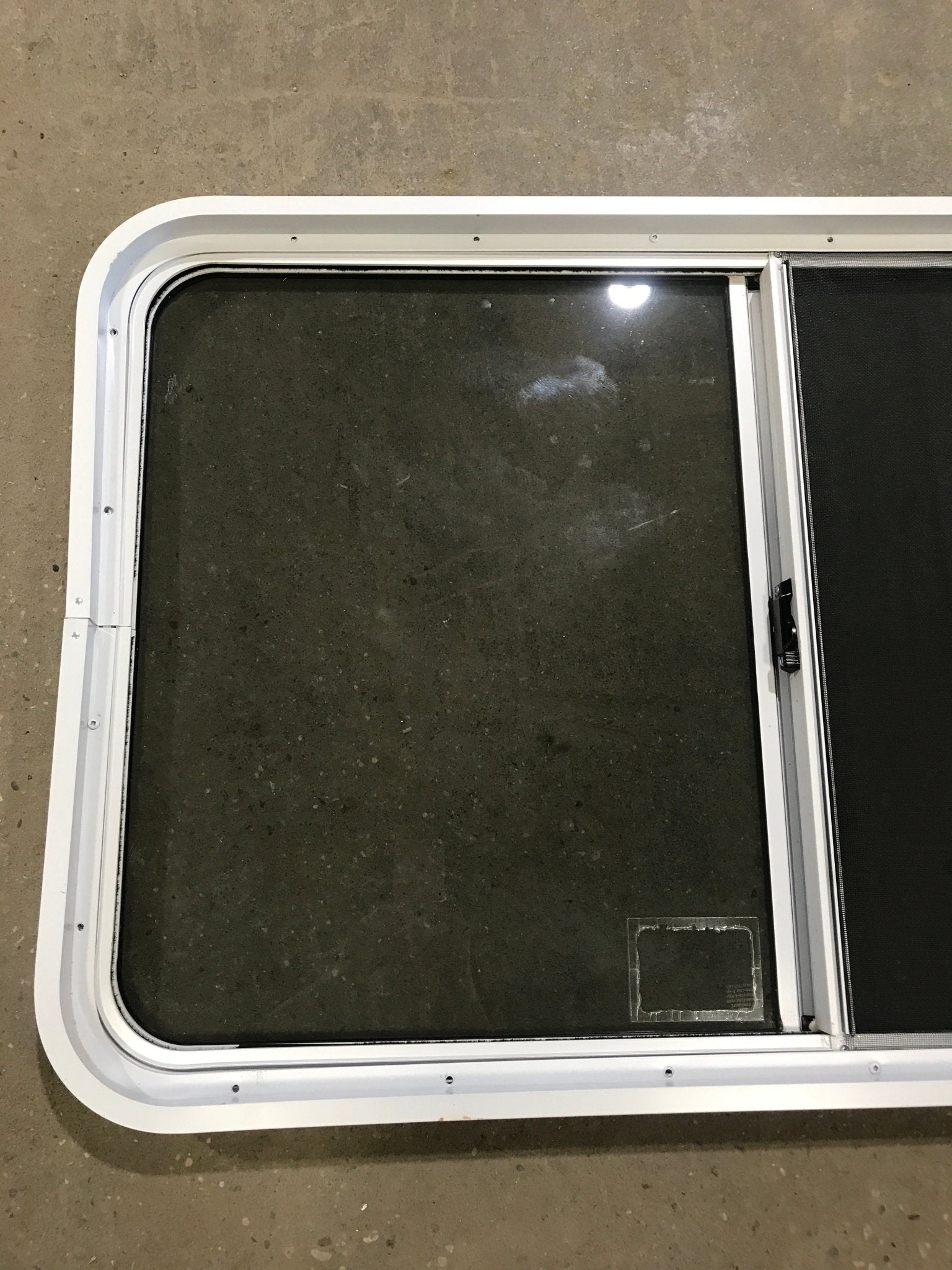 Used White Radius Opening Window : 39 1/2" W x 26 1/4" H x 2" D - Young Farts RV Parts