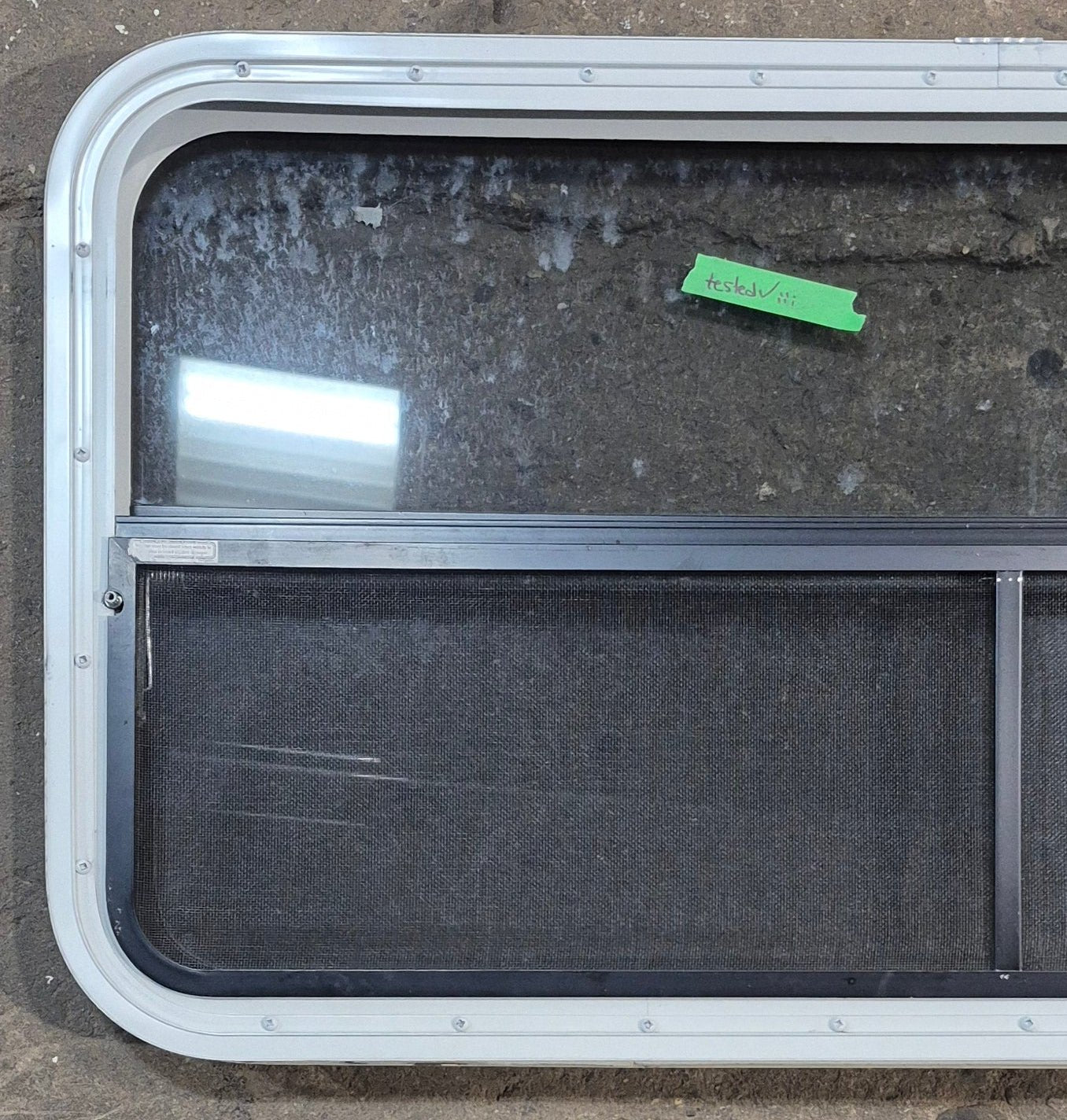 Used White Radius Opening Window : 41 1/4" W x 21 1/4" H x 1 3/4" D - Young Farts RV Parts