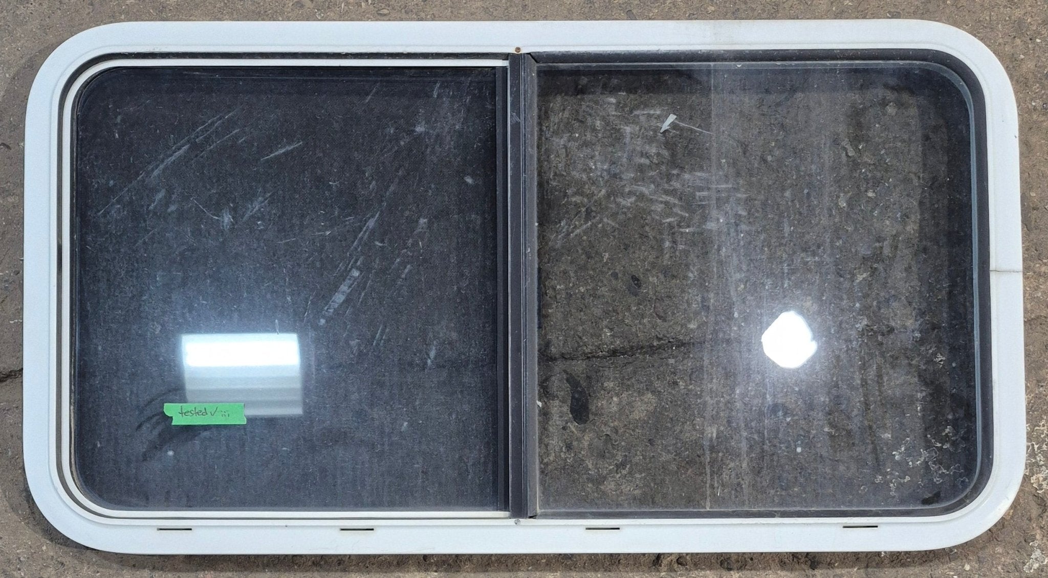 Used White Radius Opening Window : 41 1/4" W x 21 1/4" H x 1 3/4" D - Young Farts RV Parts