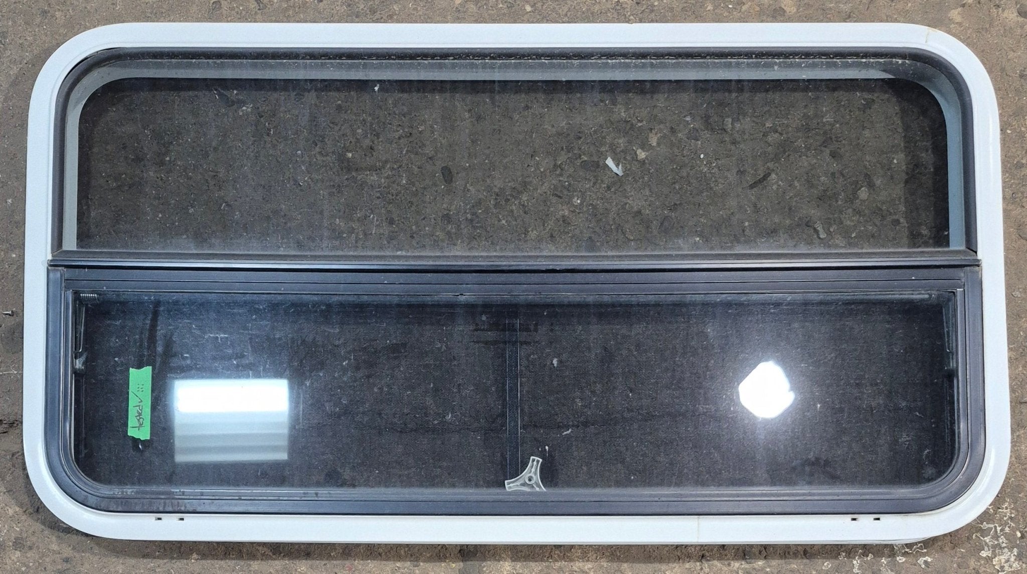Used White Radius Opening Window : 41 1/4" W x 21 1/4" H x 1 3/4" D - Young Farts RV Parts