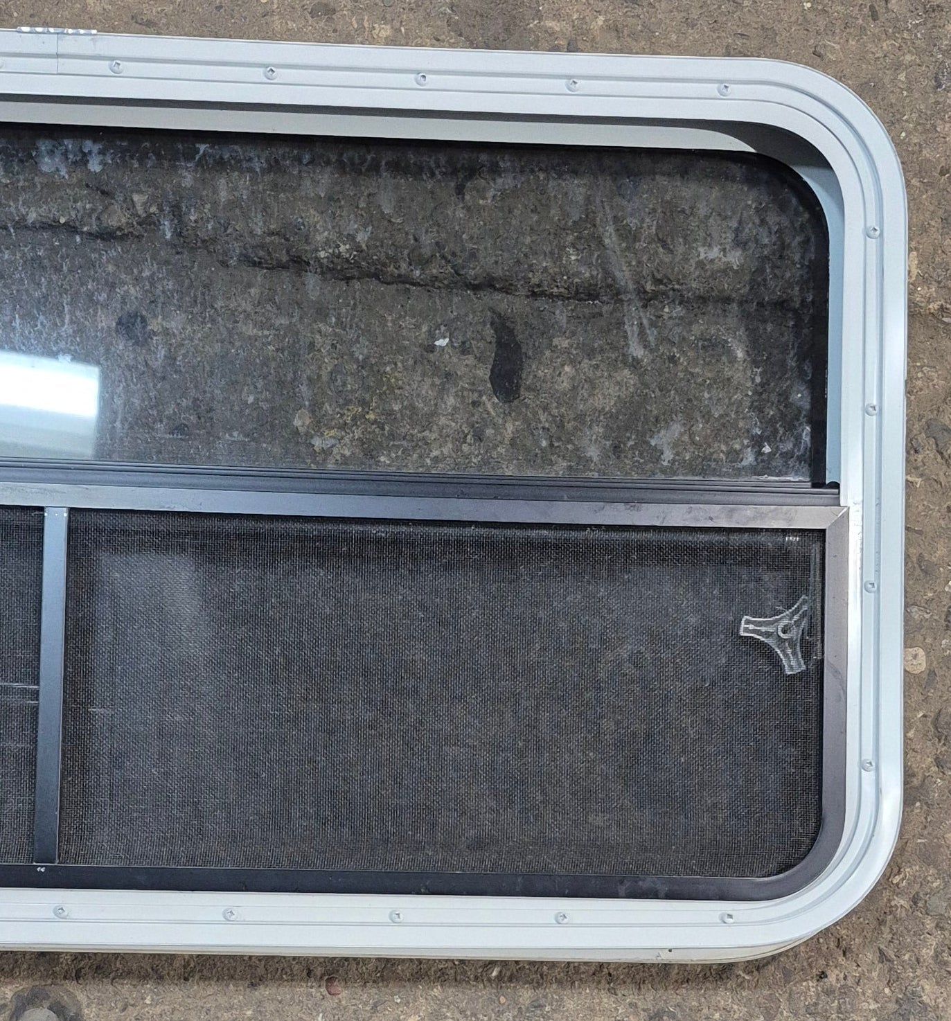 Used White Radius Opening Window : 41 1/4" W x 21 1/4" H x 1 3/4" D - Young Farts RV Parts