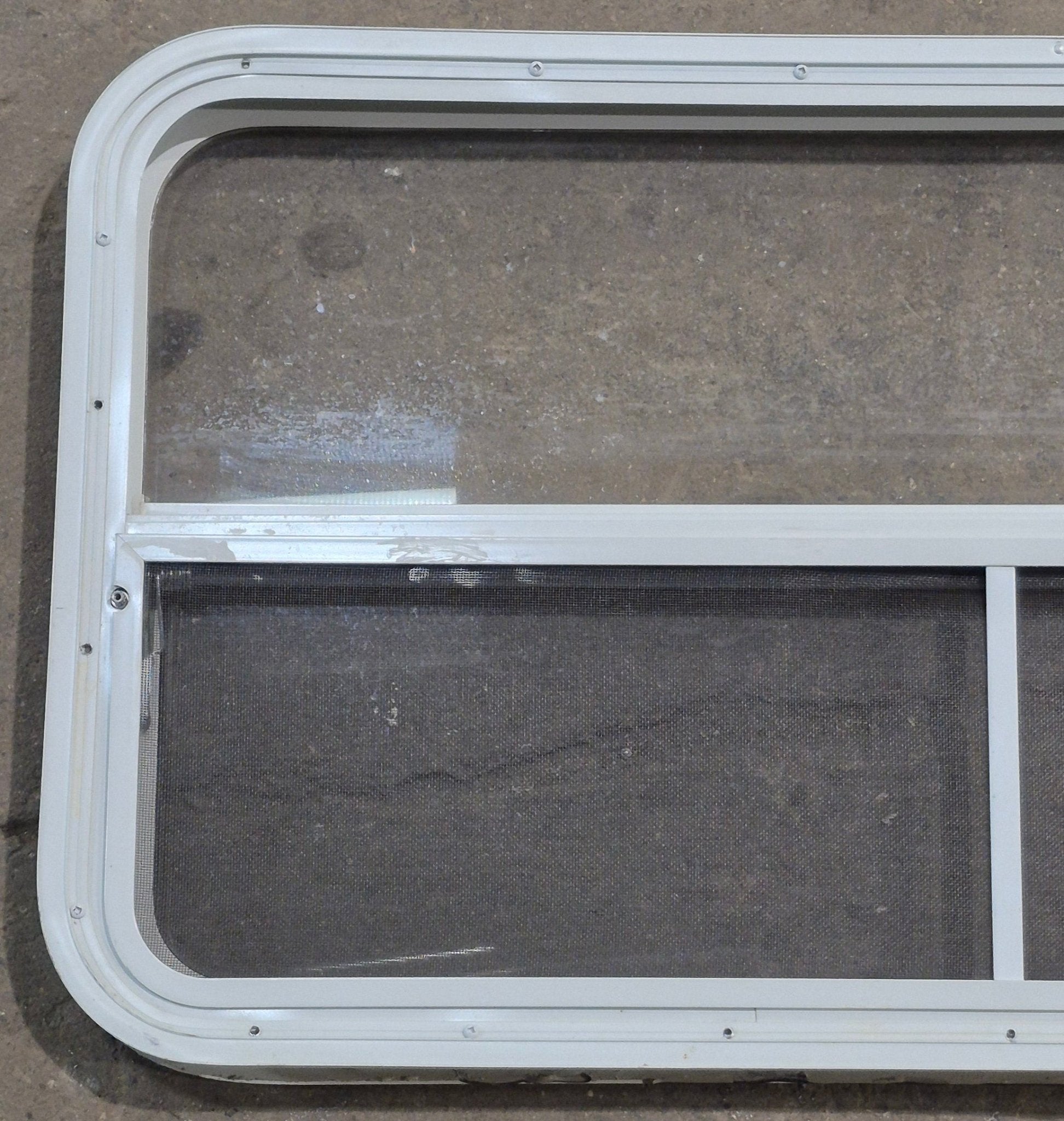 Used White Radius Opening Window : 41 1/4" W x 21 1/4" H x 1 7/8" D - Young Farts RV Parts