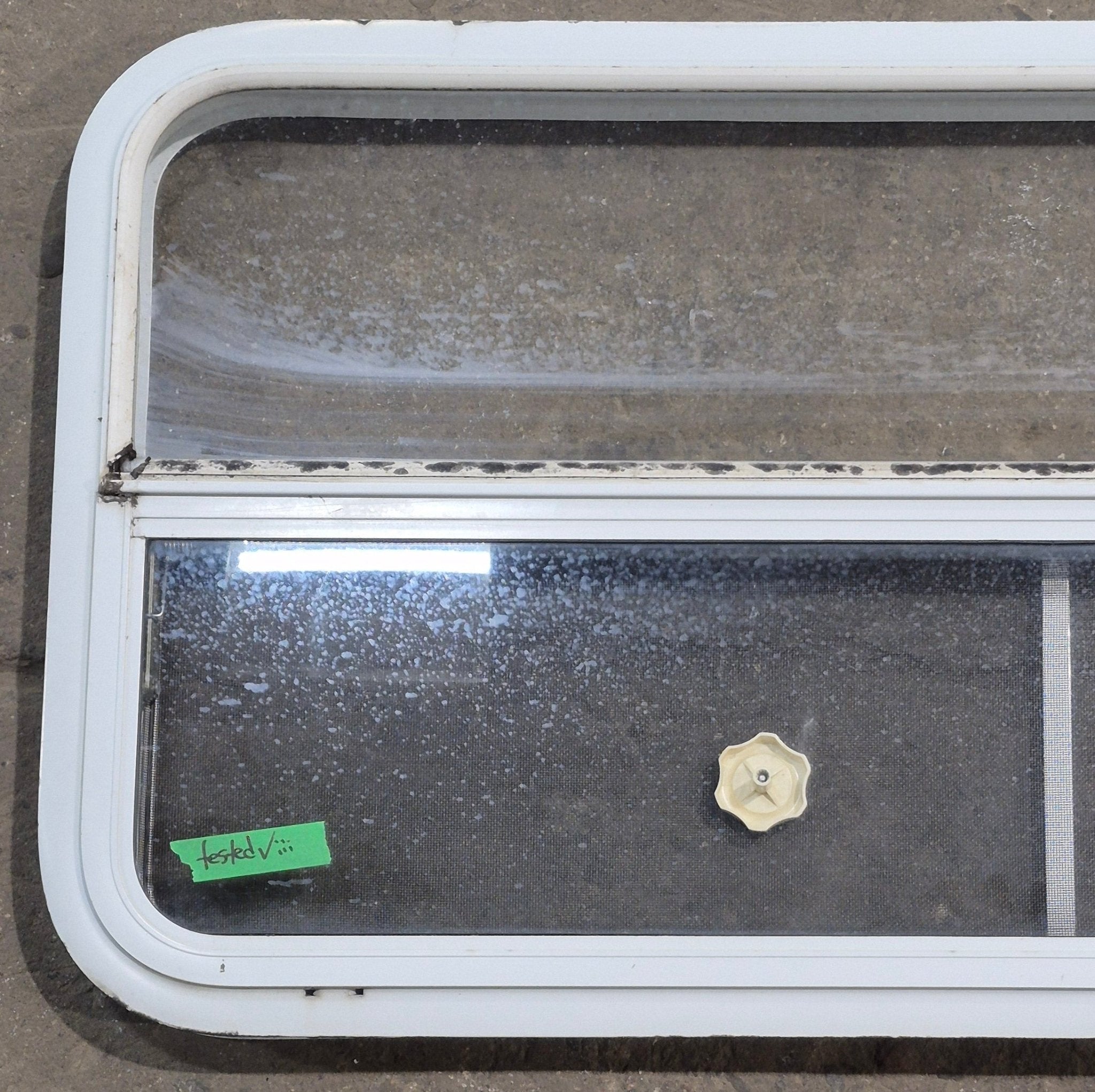Used White Radius Opening Window : 41 1/4" W x 21 1/4" H x 1 7/8" D - Young Farts RV Parts