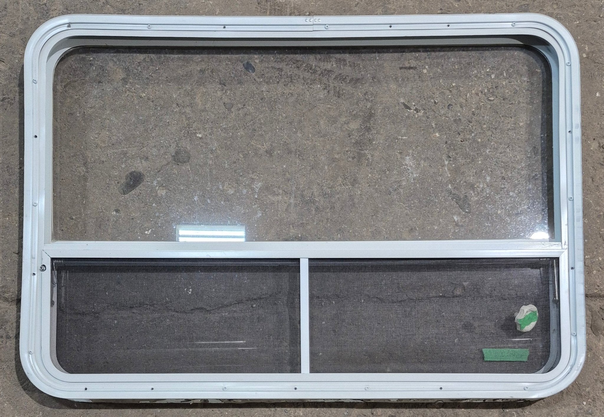 Used White Radius Opening Window : 41 1/4" W x 28 1/4" H x 1 7/8" D - Young Farts RV Parts