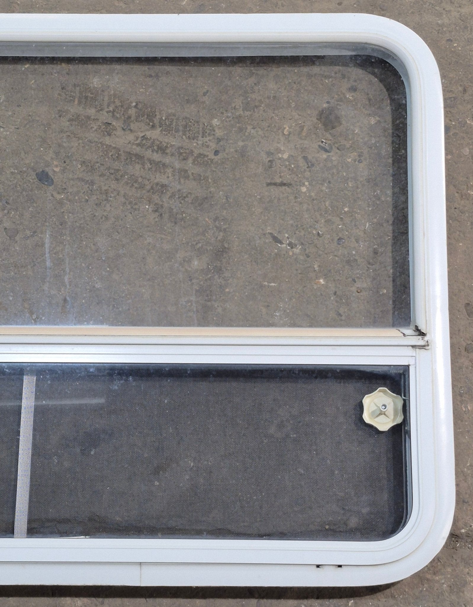 Used White Radius Opening Window : 41 1/4" W x 28 1/4" H x 1 7/8" D - Young Farts RV Parts