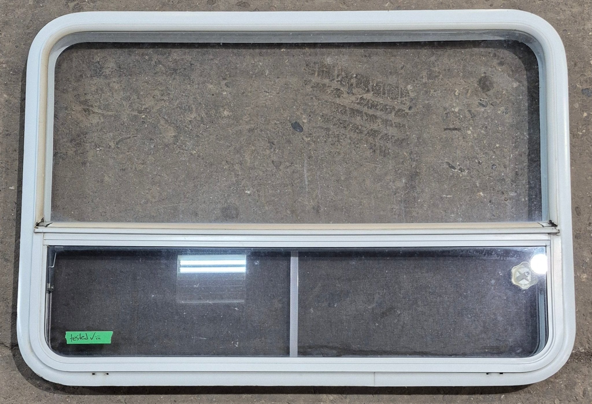 Used White Radius Opening Window : 41 1/4" W x 28 1/4" H x 1 7/8" D - Young Farts RV Parts