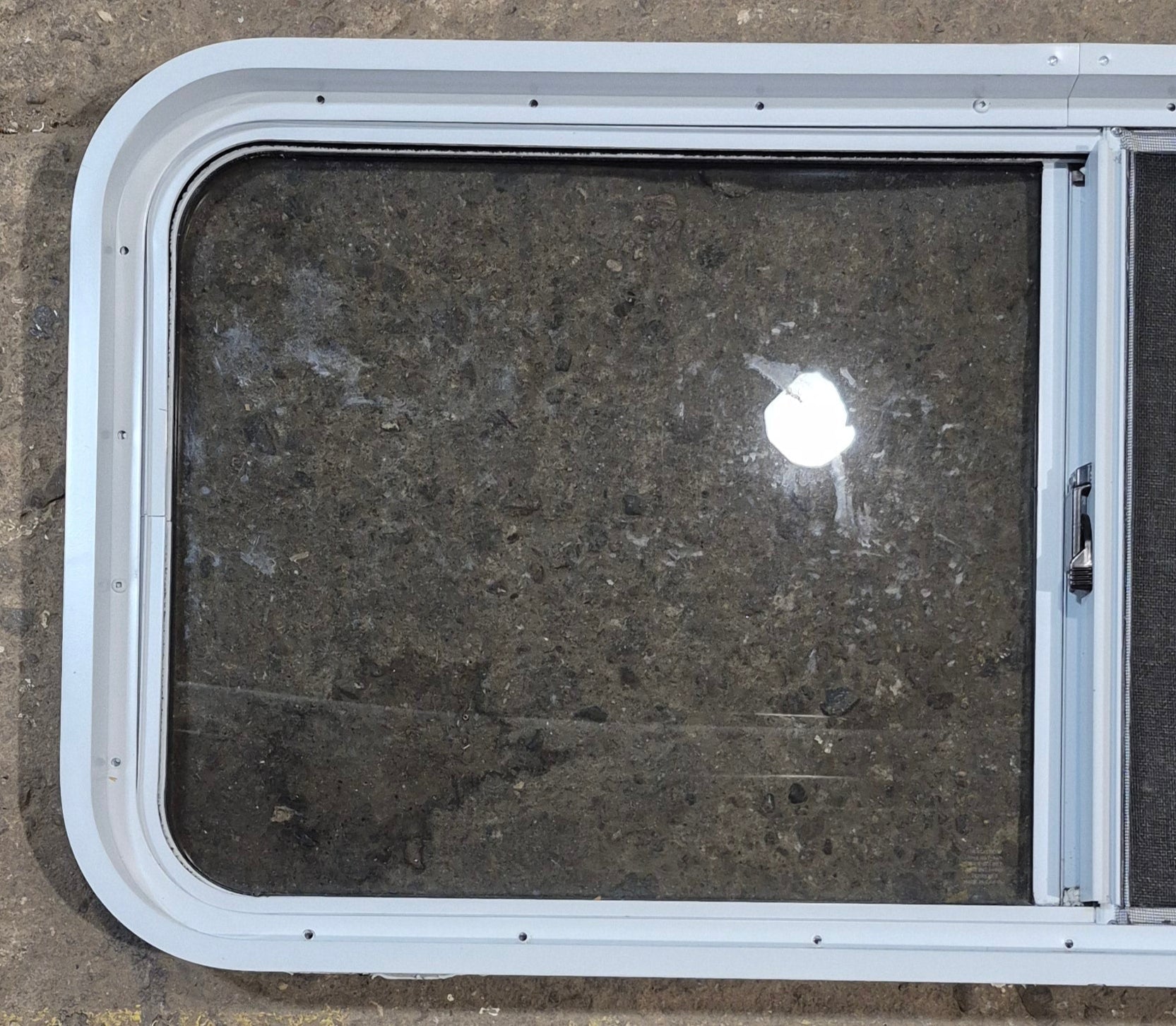 Used White Radius Opening Window : 42 1/4" W x 18 3/4" H x 1 7/8" D - Young Farts RV Parts