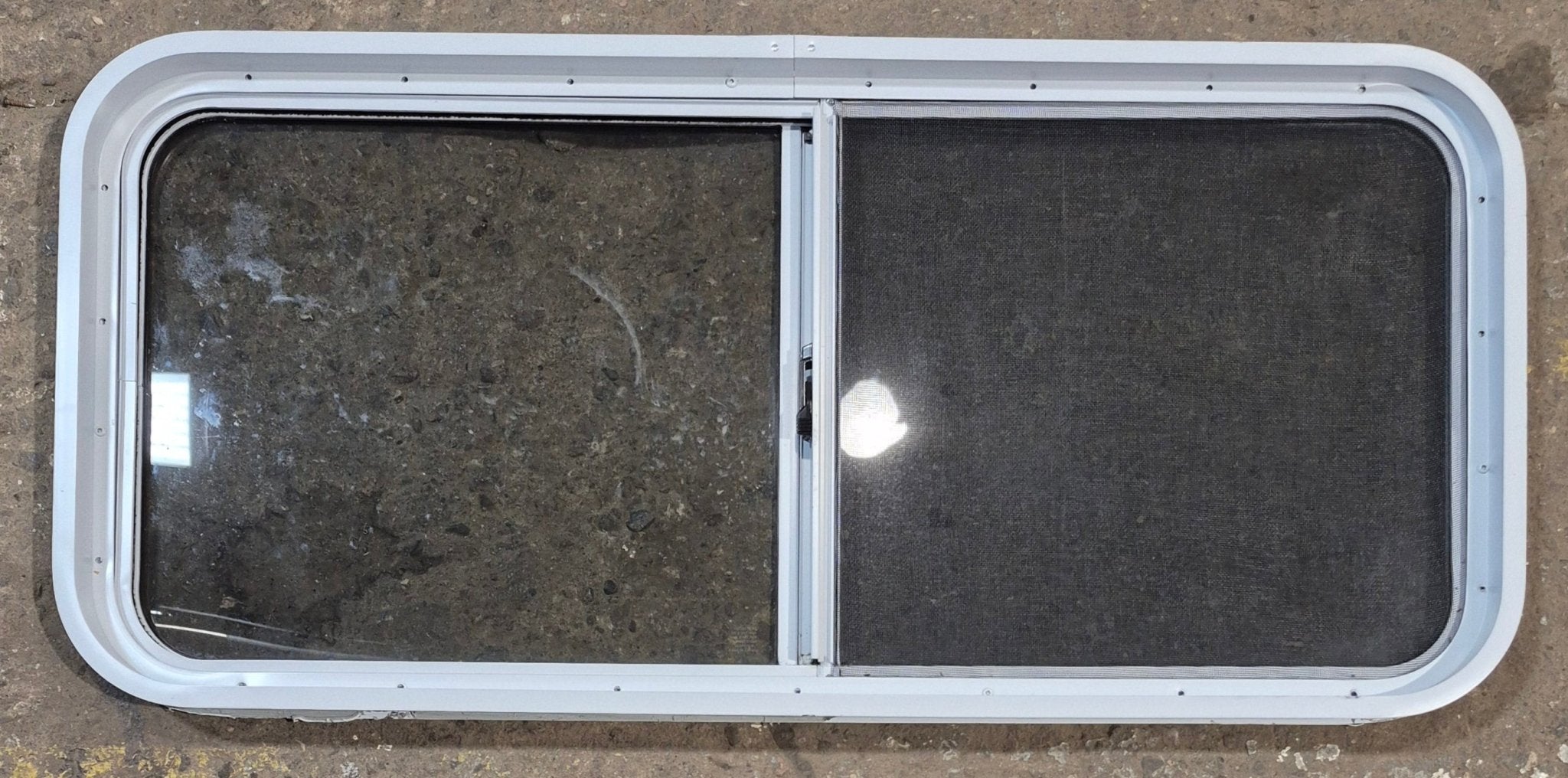 Used White Radius Opening Window : 42 1/4" W x 18 3/4" H x 1 7/8" D - Young Farts RV Parts