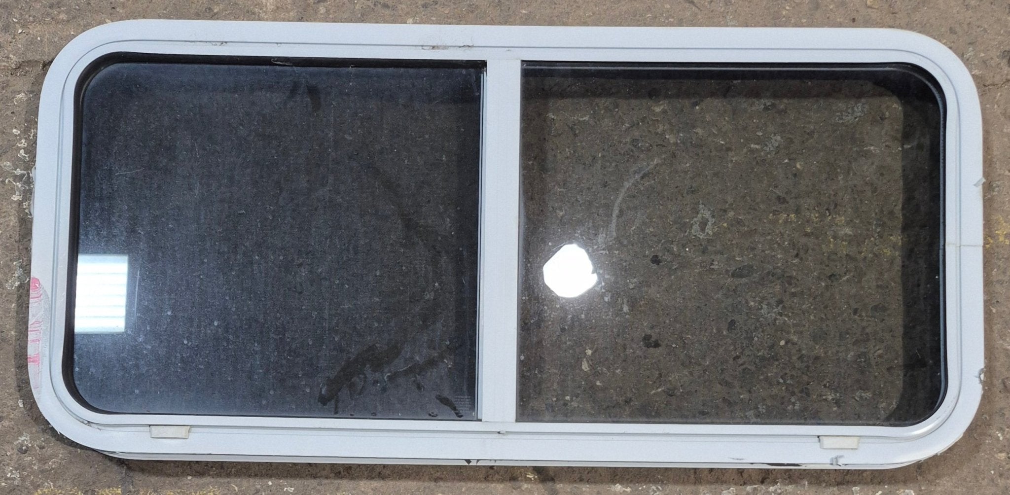 Used White Radius Opening Window : 42 1/4" W x 18 3/4" H x 1 7/8" D - Young Farts RV Parts