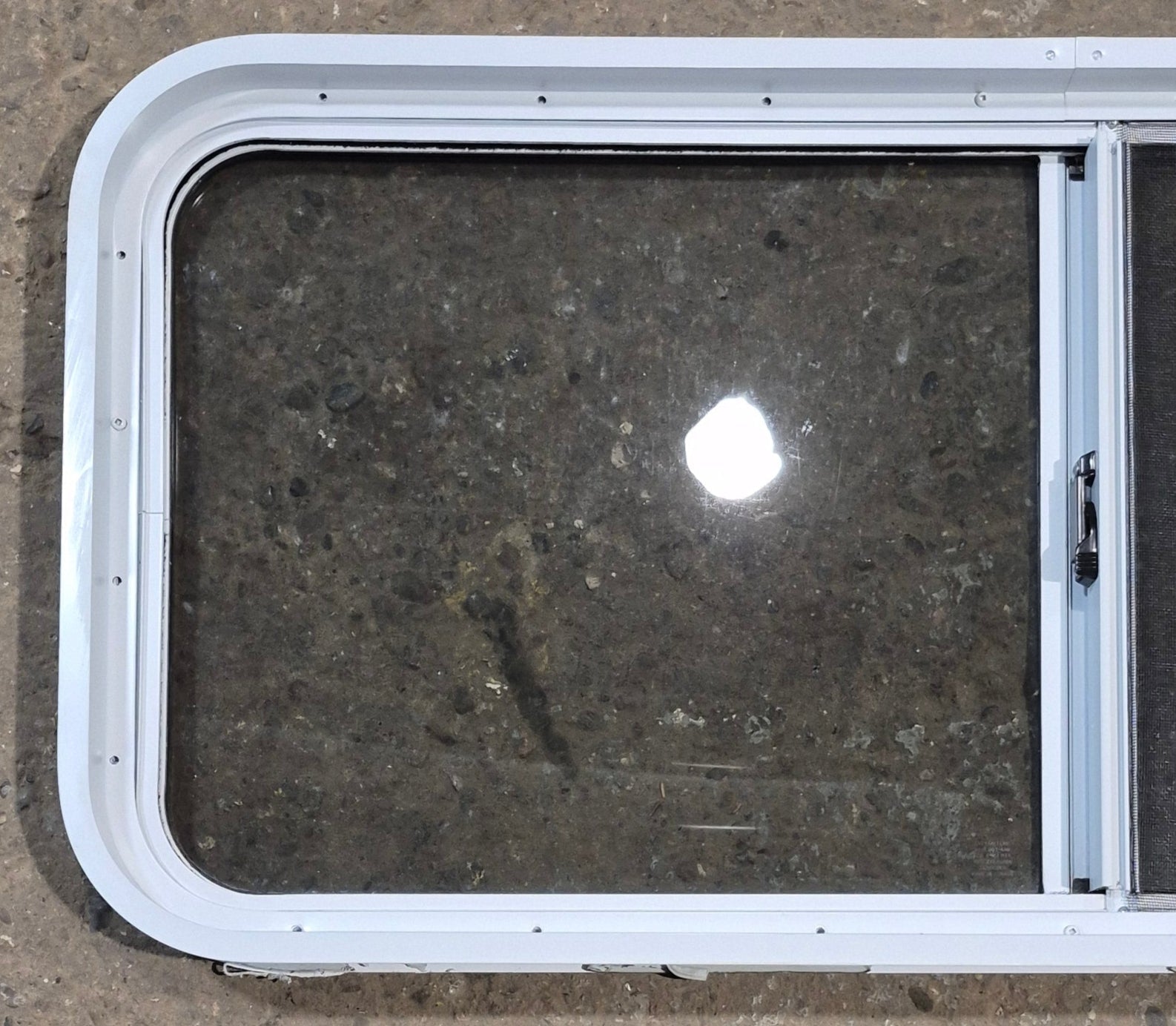 Used White Radius Opening Window : 42 1/4" W x 18 3/4" H x 1 7/8" D - Young Farts RV Parts