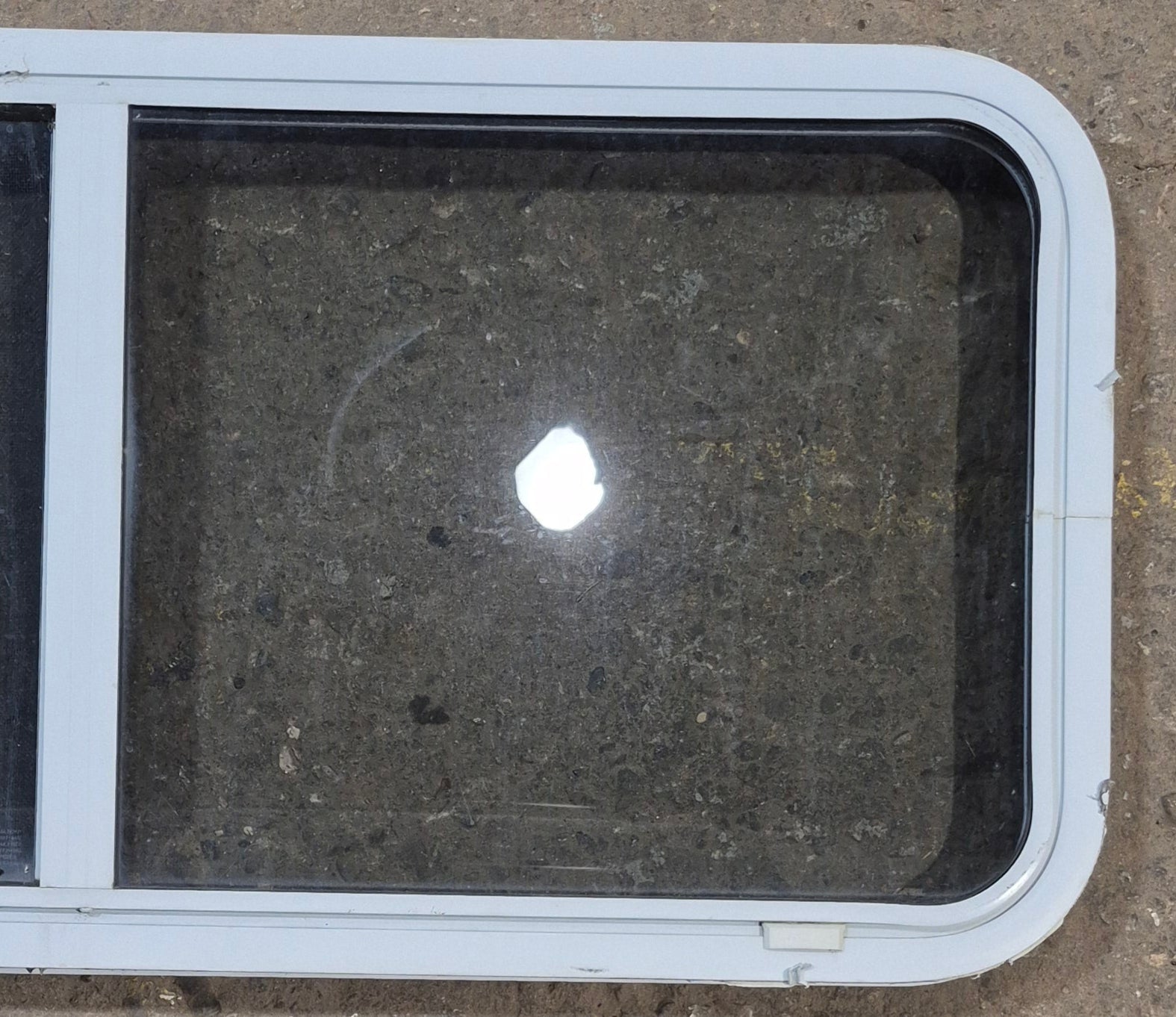 Used White Radius Opening Window : 42 1/4" W x 18 3/4" H x 1 7/8" D - Young Farts RV Parts