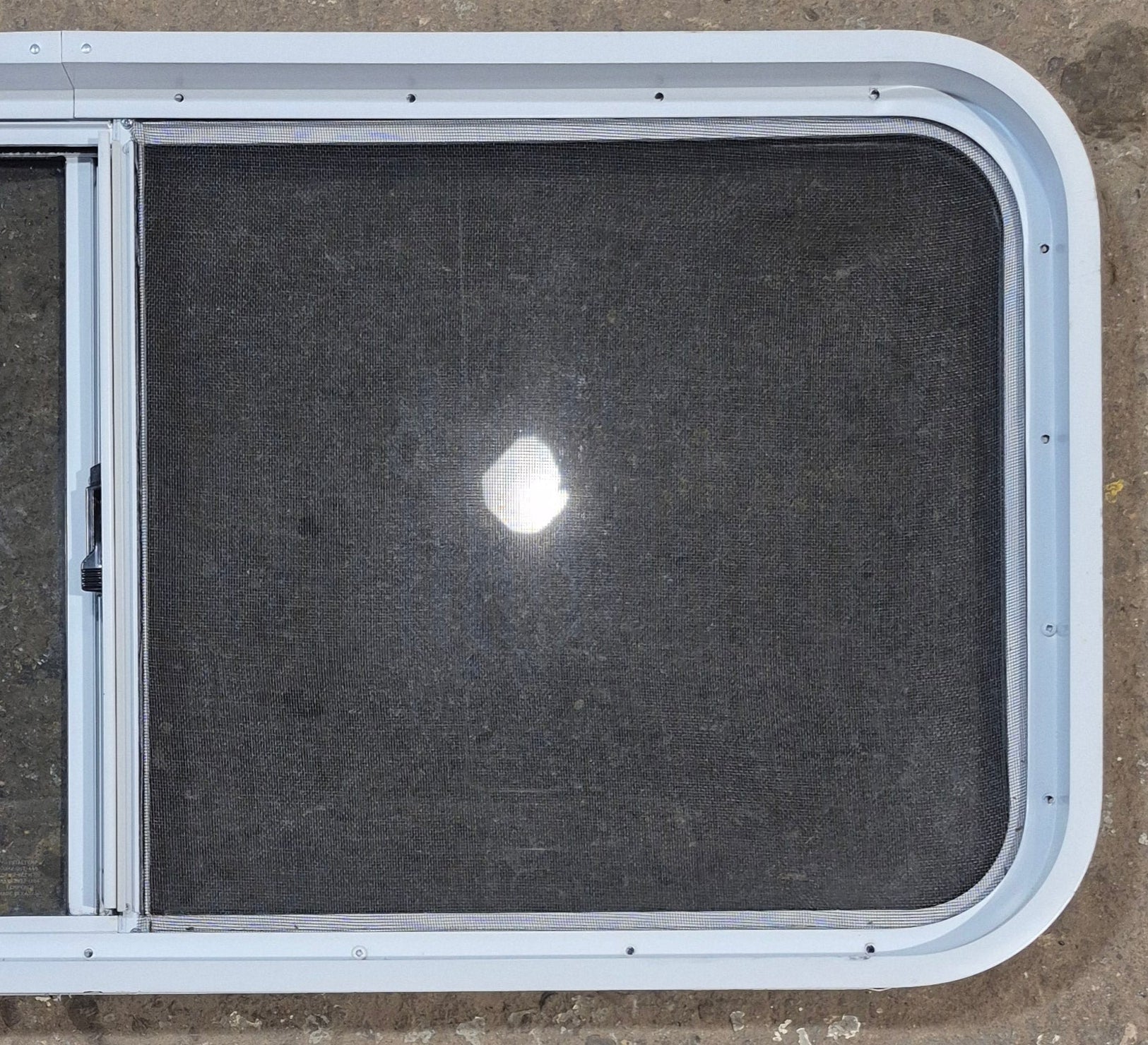 Used White Radius Opening Window : 42 1/4" W x 18 3/4" H x 1 7/8" D - Young Farts RV Parts