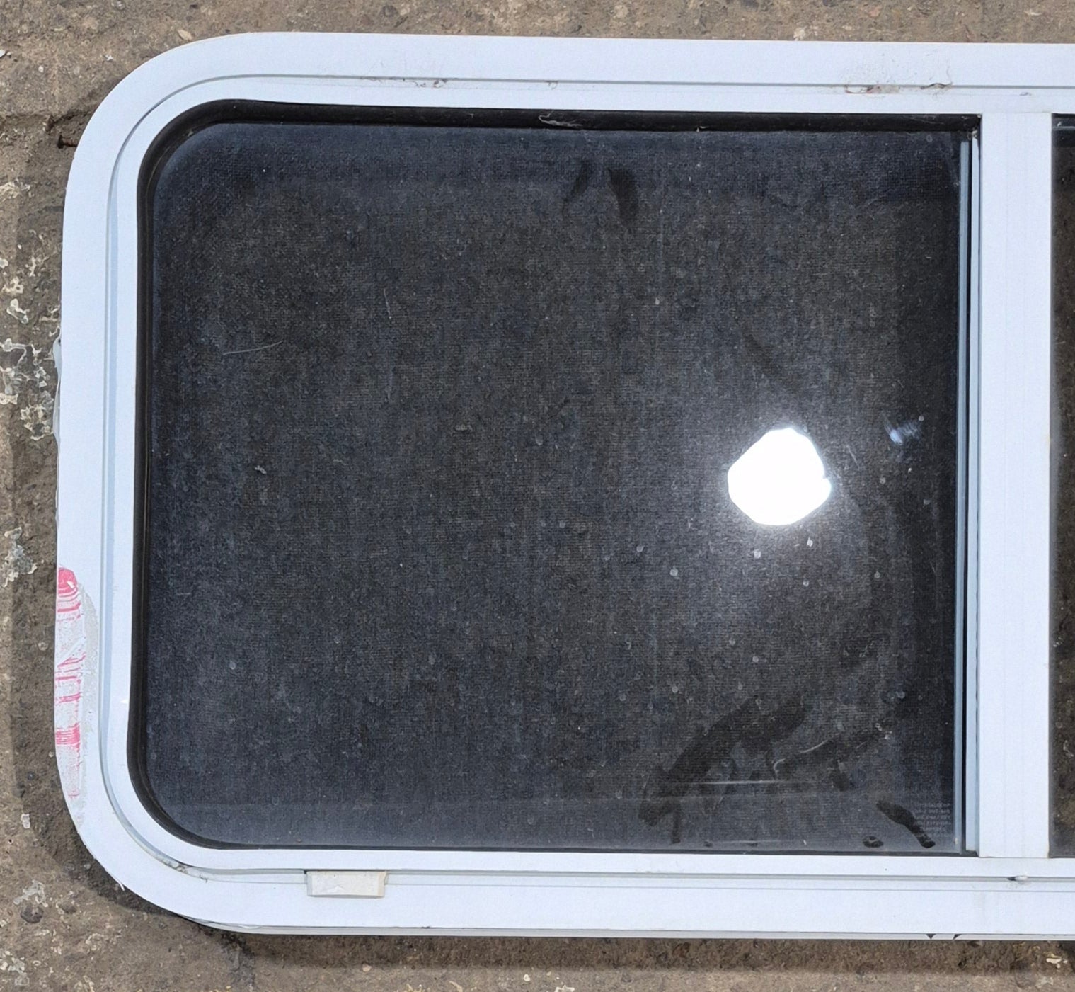Used White Radius Opening Window : 42 1/4" W x 18 3/4" H x 1 7/8" D - Young Farts RV Parts