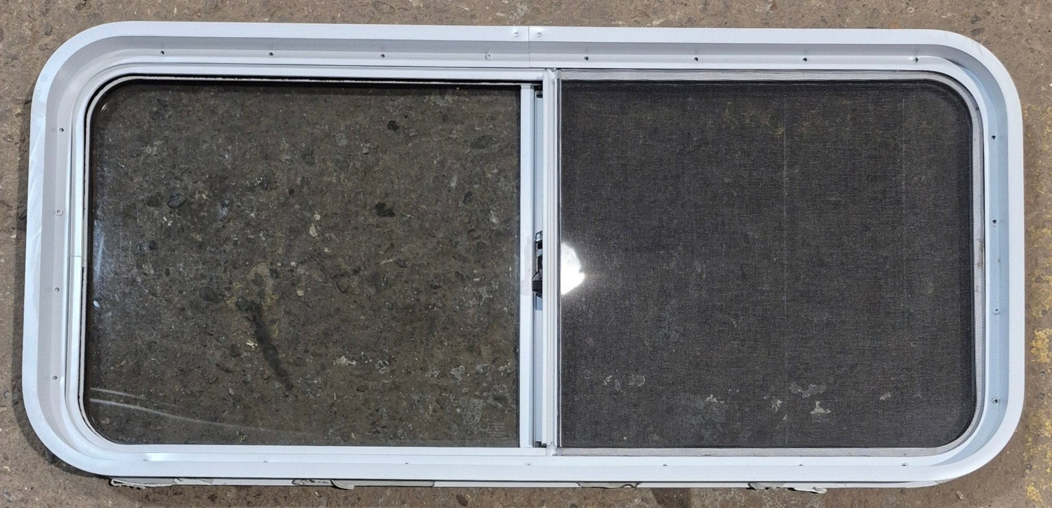 Used White Radius Opening Window : 42 1/4" W x 18 3/4" H x 1 7/8" D - Young Farts RV Parts