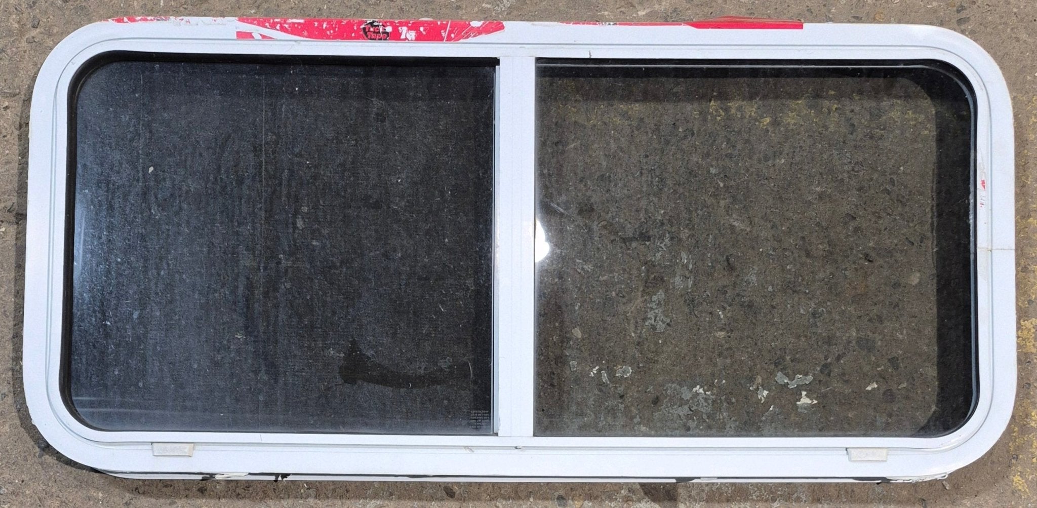 Used White Radius Opening Window : 42 1/4" W x 18 3/4" H x 1 7/8" D - Young Farts RV Parts