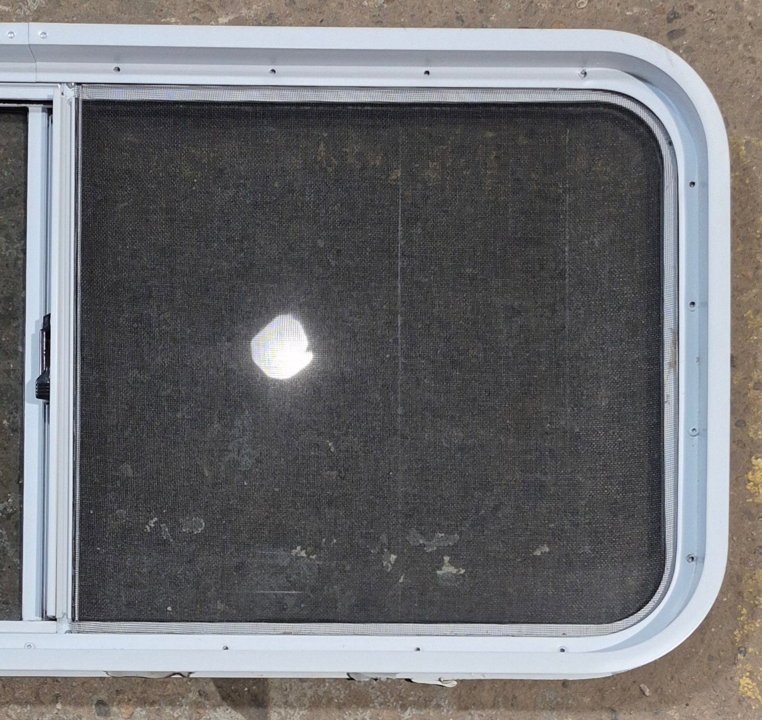 Used White Radius Opening Window : 42 1/4" W x 18 3/4" H x 1 7/8" D - Young Farts RV Parts
