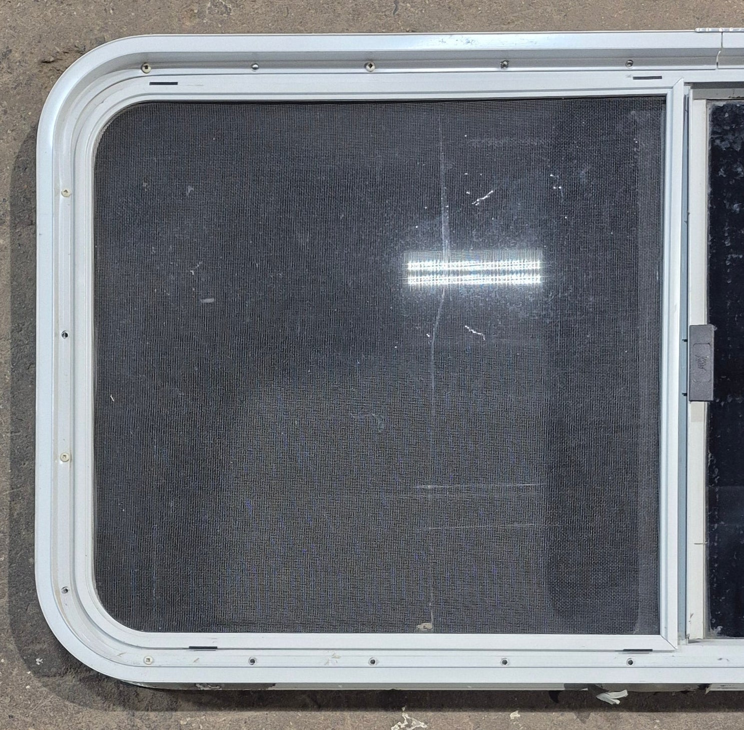 Used White Radius Opening Window : 45 1/2" W x 21 1/2" H x 1 7/8" D - Young Farts RV Parts