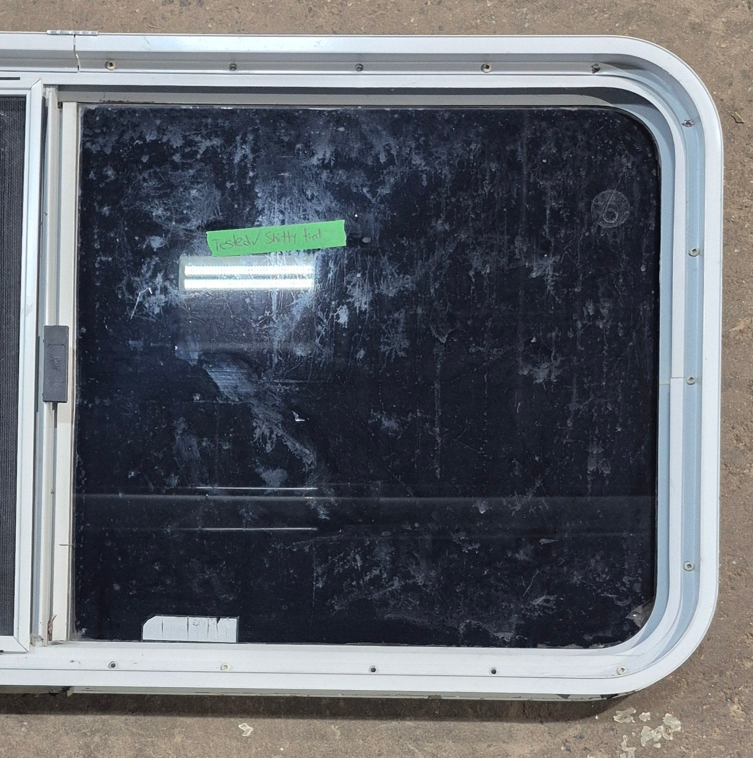 Used White Radius Opening Window : 45 1/2" W x 21 1/2" H x 1 7/8" D - Young Farts RV Parts